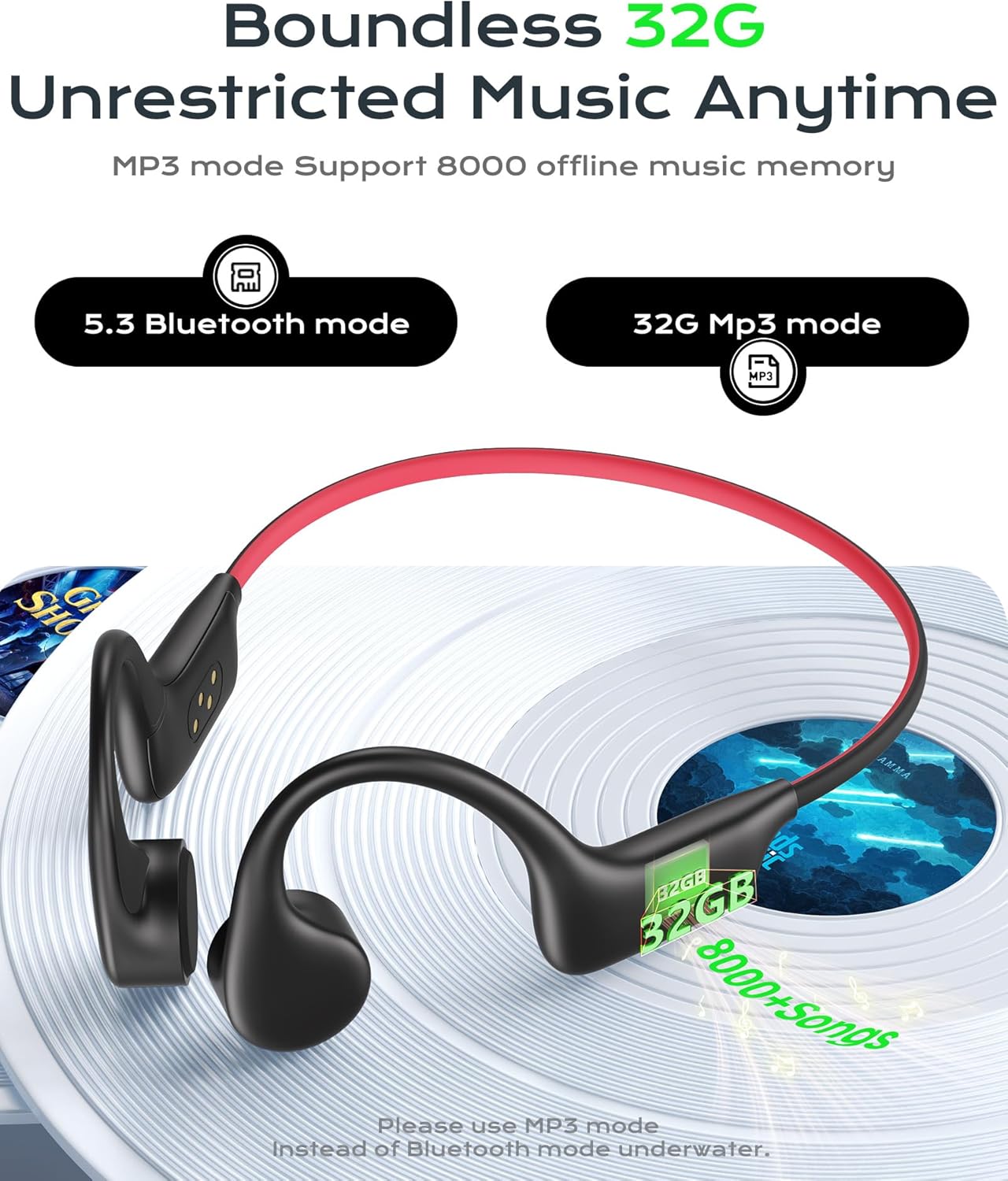 Open Ear Sport Headphones, Wireless Bone Conduction Earphones, Built-in 32GB MP3,with Mic, IP68, Sweat & Water Resistant, Up to 8 Hours Battery, Bluetooth 5.3,for Running,Workouts