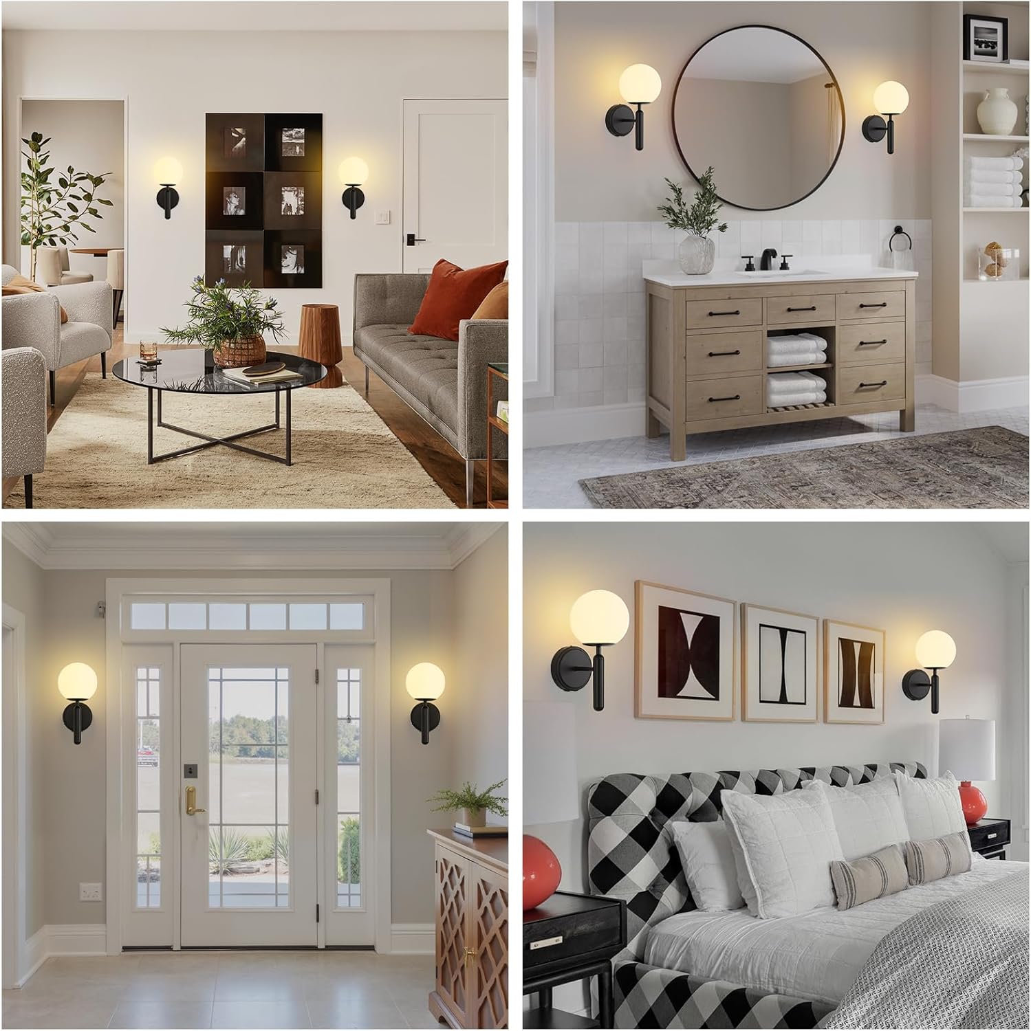 Battery Operated Wall Sconce Set of 2, Black Rechargeable Wireless Wall Lamp with Milky White Frosted Globe Lampshade and Remote, 5000mAh LED Dimmable Wall Light for Bedroom Living Room Hallway