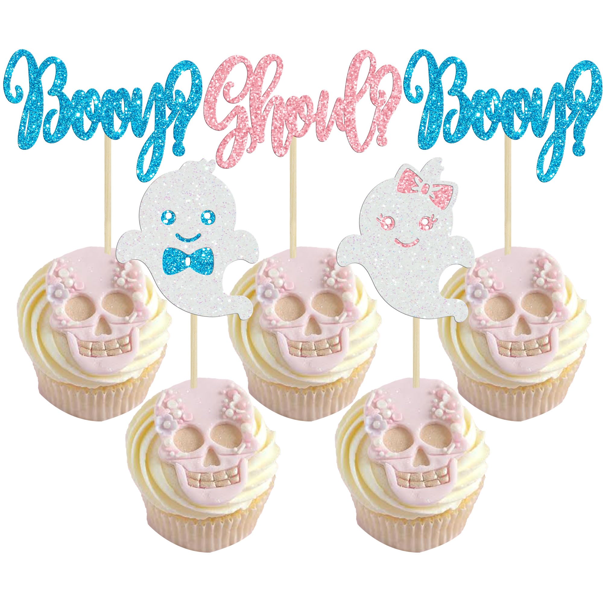 Gyufise 24Pcs Boo-y or Ghoul Cupcake Toppers Pink Blue Ghost Cupcake Picks