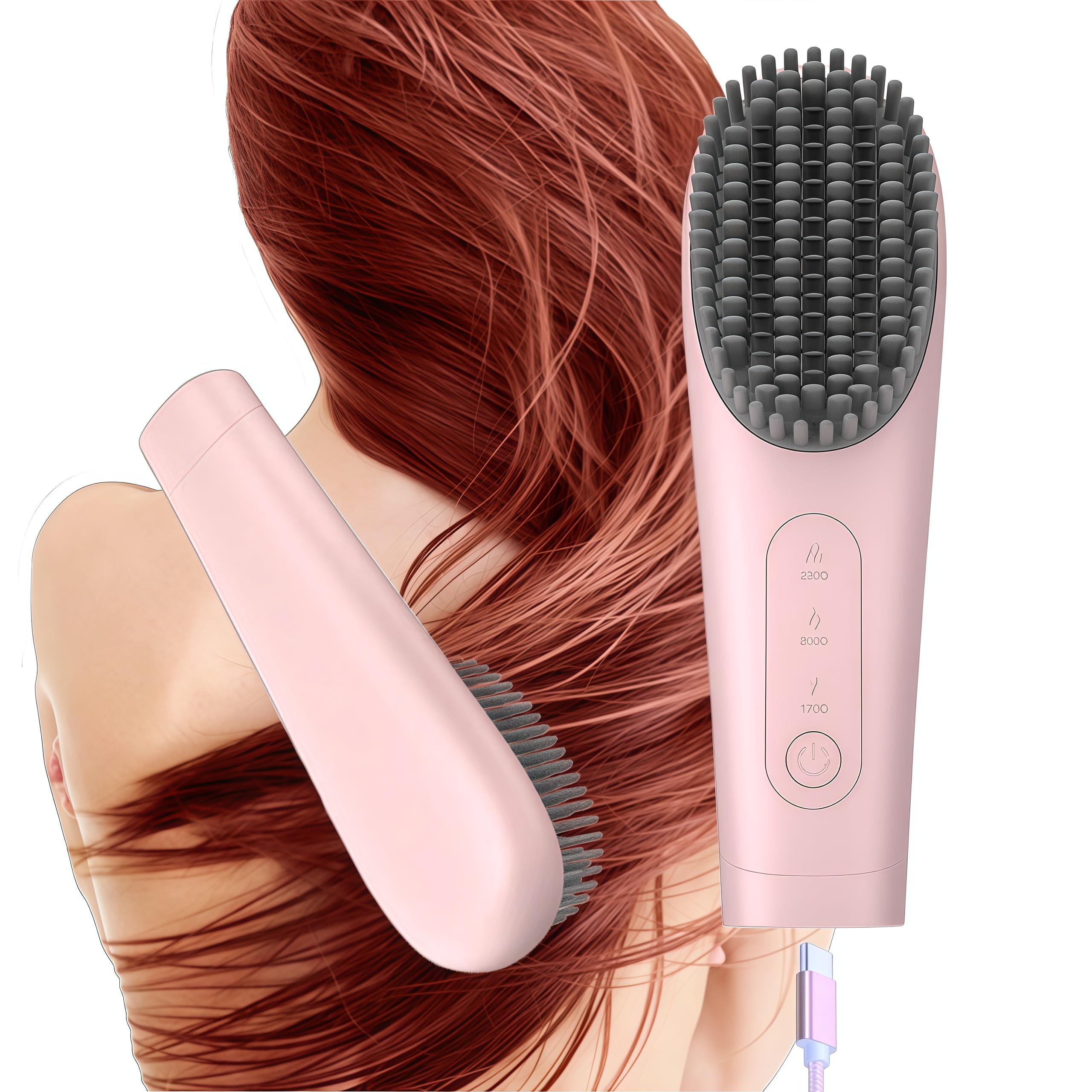 ?CLEARENCE? Cordless Hair Straightener Brush for Women Travel - Fast Heating, True Negative Ions, Portable USB-C Rechargeable Straightening Comb, Battery Operated Heat Hair Styling Tool (Small-Pink)