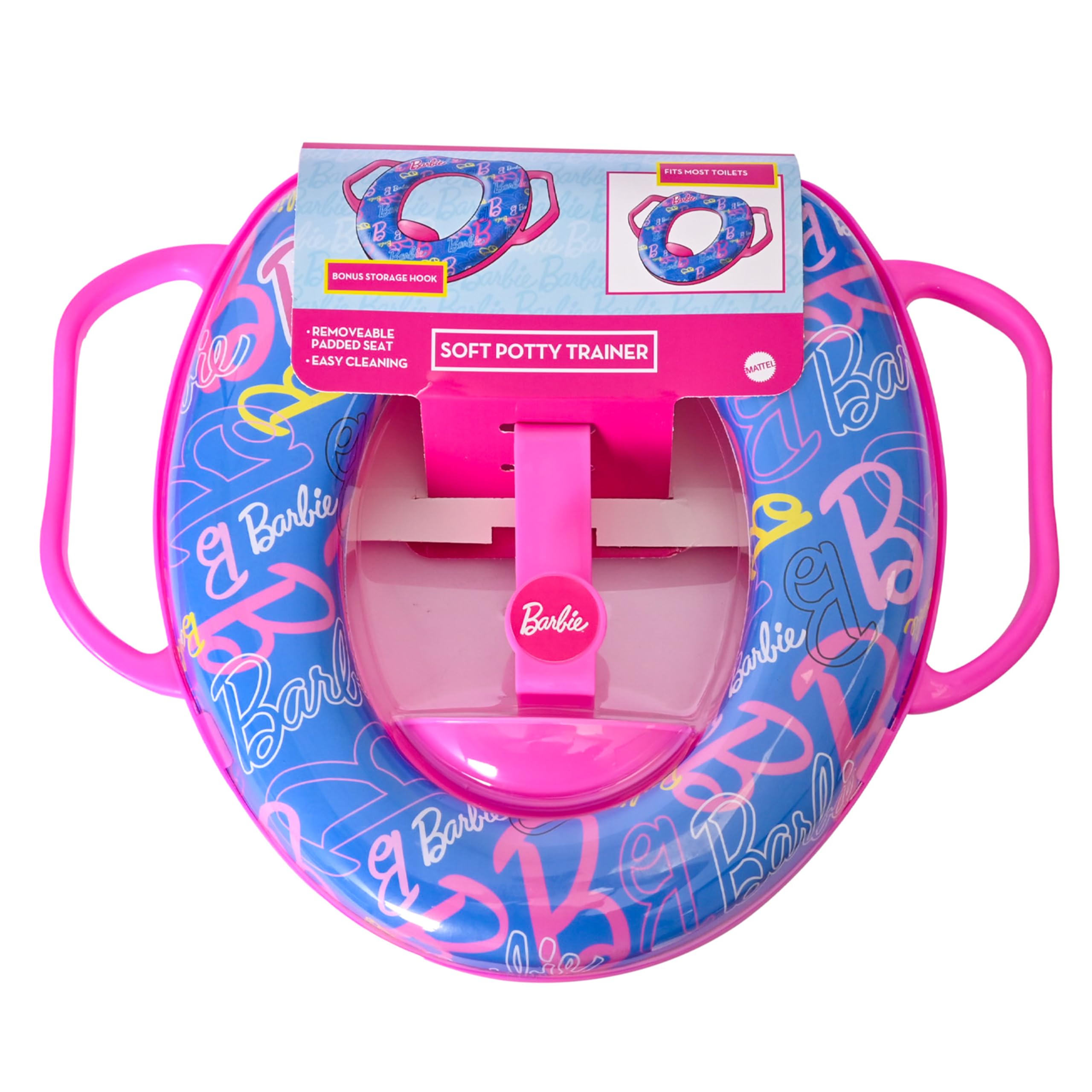 Barbie Morbido vasino per addestramento del WC con gancio portaoggetti, anello imbottito antiscivolo con paraspruzzi, maniglie integrate per bambini, tema Barbie rosa e blu