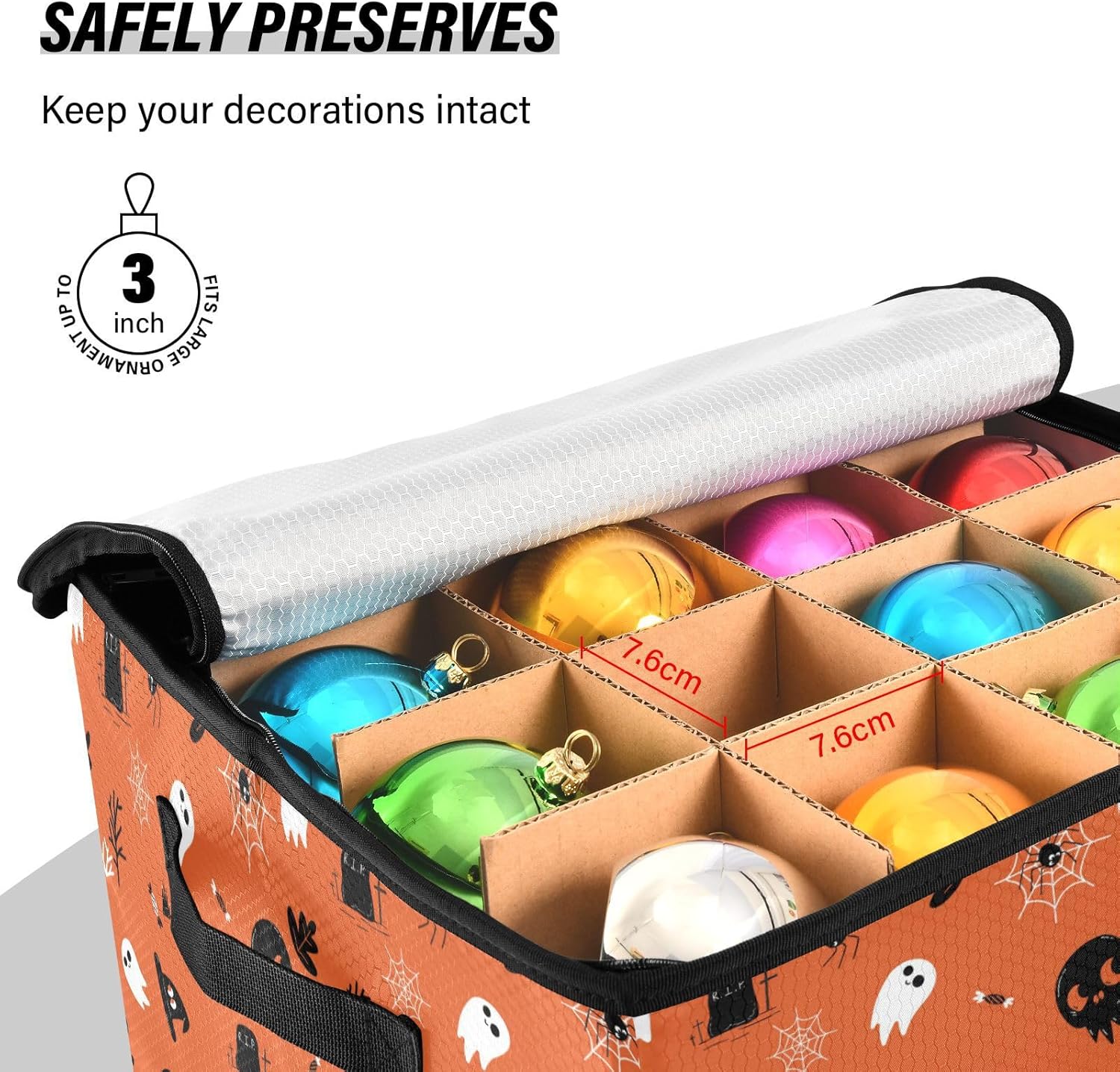 YETTASBIN Halloween Ghost Pumpkin Large Christmas Ornament Storage Box with Zipper & Adjustable Dividers, Storage Container with Lid & Handles for 64 Holiday Ornaments 3-Inch, 13 x 13 Inch