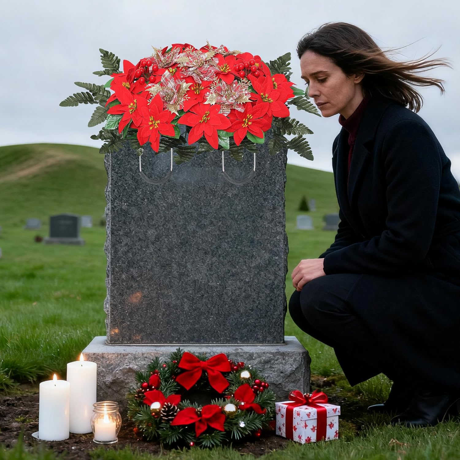 Christmas Cemetery Flowers for Grave Headstone Flower Saddle Artificial Red Poinsettia Berry Bow Grave Flowers for Winter Outdoor Grave Decorations (Red)