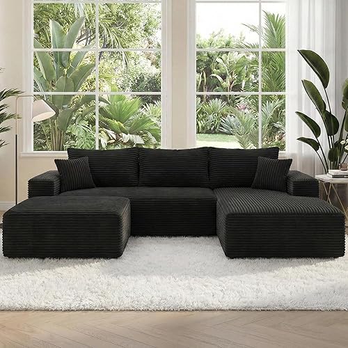 Claiks 110" Boneless Couch, Cloud Couch Sectional, U-Shape Corduroy Modular Sectional Sofa Deep Seat, Upholstered Couches for Living Room, No Assembly Required, Black
