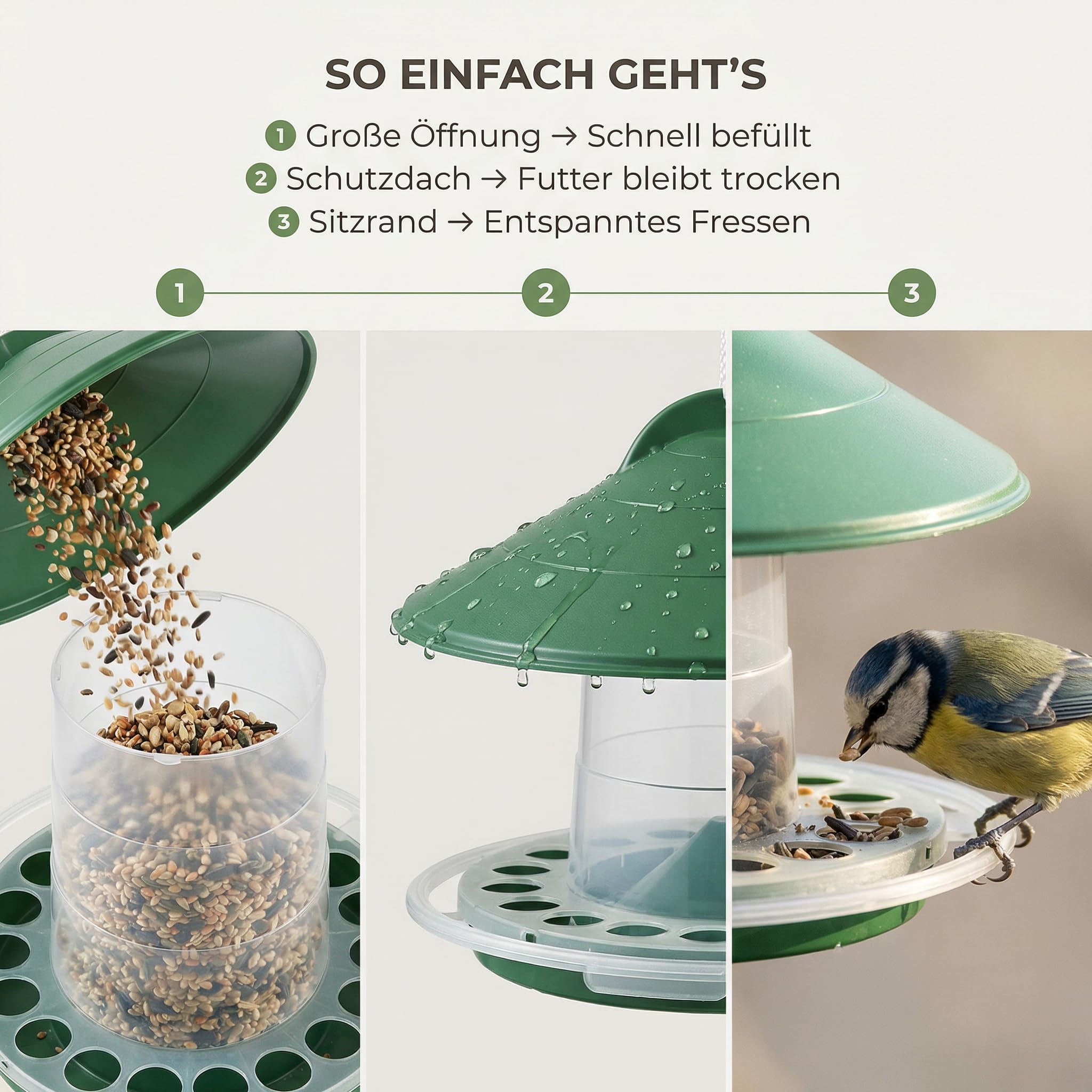 Vogelfutterhaus & Vogeltränke Set – Vogelfutterspender 2kg mit Wetterschutzdach und Vogeltränke aus Glas, Vogelfutterstation für Balkon & Garten