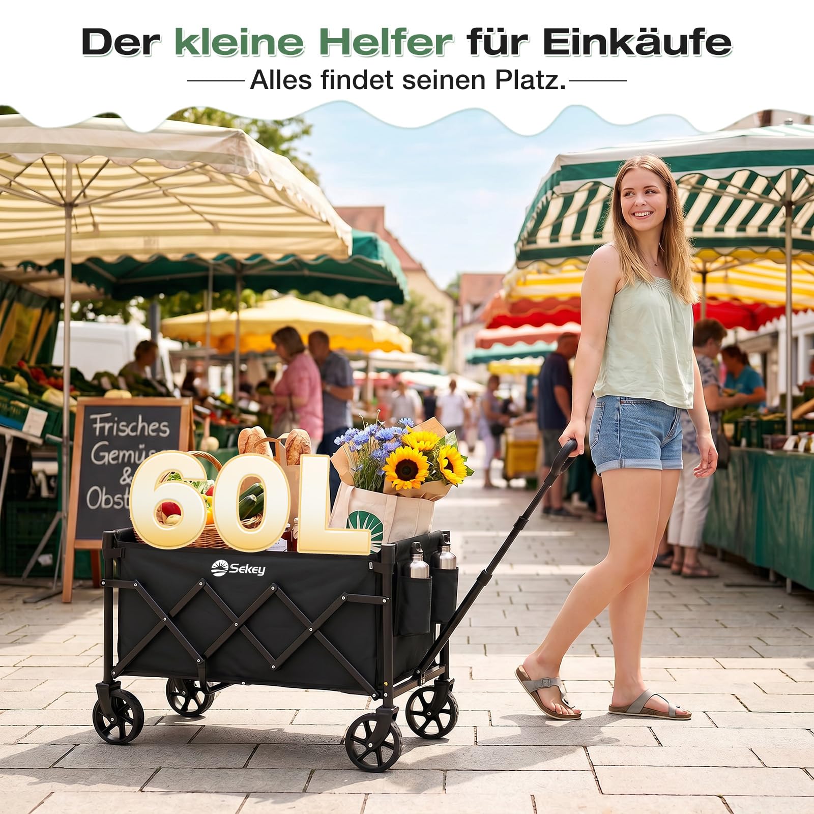 Sekey Bollerwagen Faltbar Klein 80KG, Handwagen Klappbar, Faltbarer Einkaufswagen Campingwagen mit Höhenverstellbarem Griff, Leicht & Platzsparend & Stabil, Mini 4029, Schwarz