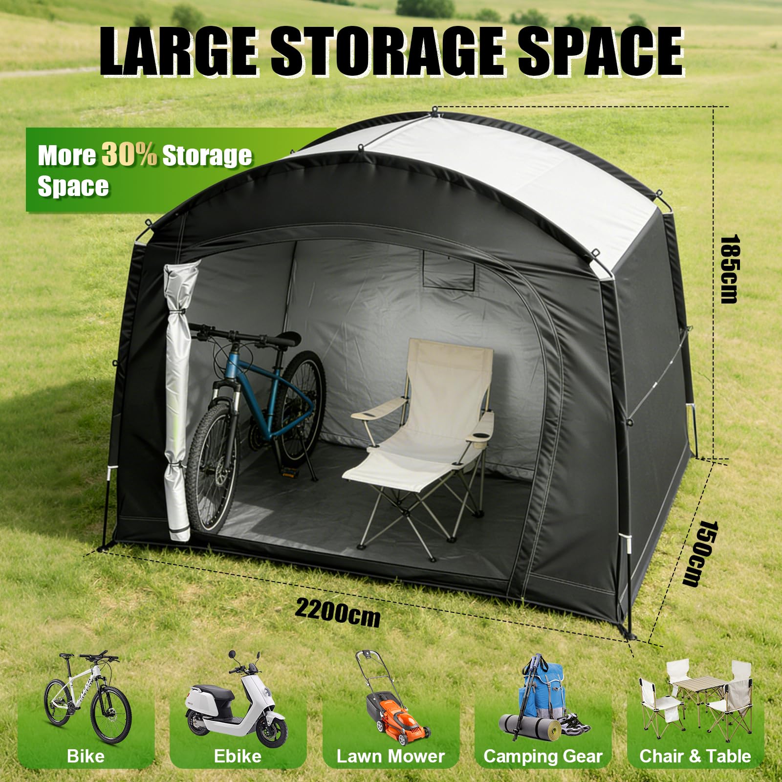 Tenda di Stoccaggio per 1-5 Biciclette Impermeabile Portatile da Esterno， Copertura Garage Oxford 210D con Finestra Ventilata, per Moto, Tosaerba e Attrezzi da Giardino, Nero