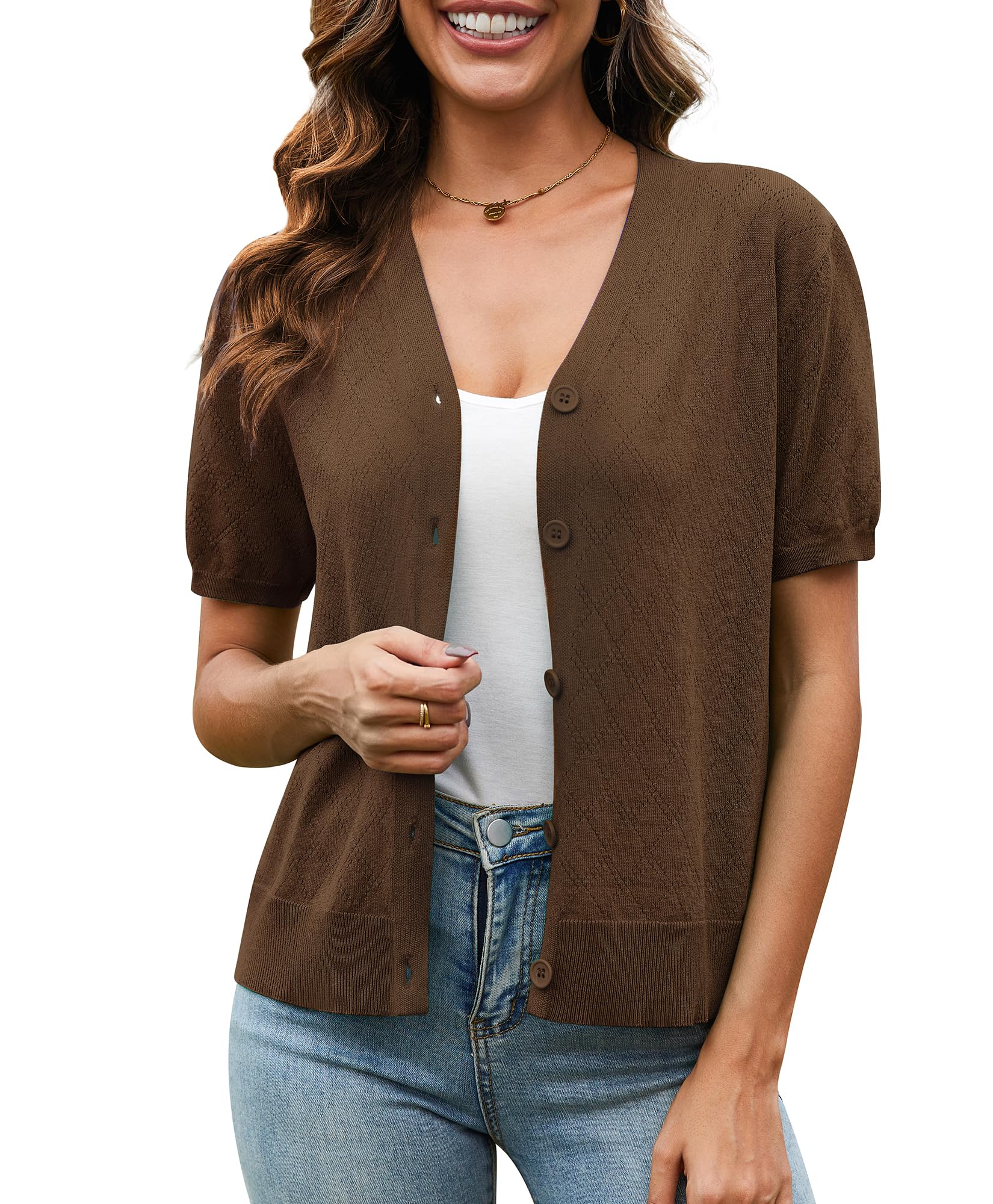 VIISHOW Short Sleeve Lightweight Summer Cardigan for Women, Button Down Open Front V Neck Crochet Knit Cropped Bolero Shrugs