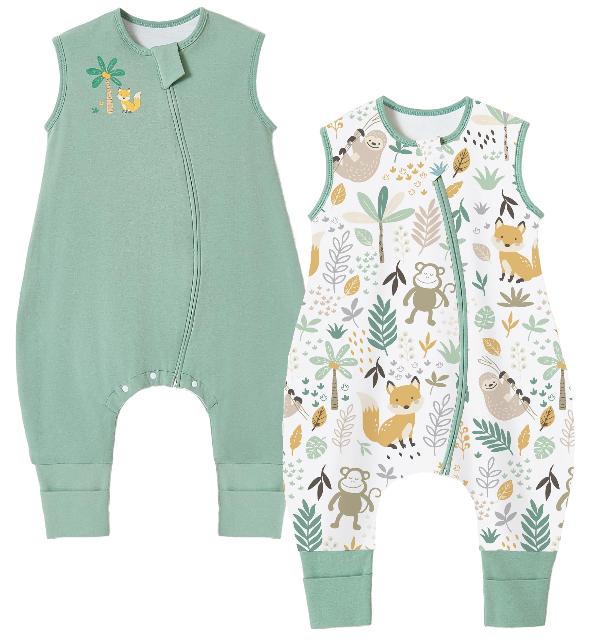 Chilsuessy 2pcs Baby Sleeping Bag with Feet 1.5 TOG Baby Sleep Sack with Legs 100% Cotton Toddler Wearable Blanket Walker Sleep Sack Kids, 1.5 Tog/Green + Cute Fox, 90cm/3-4 Years — image 1