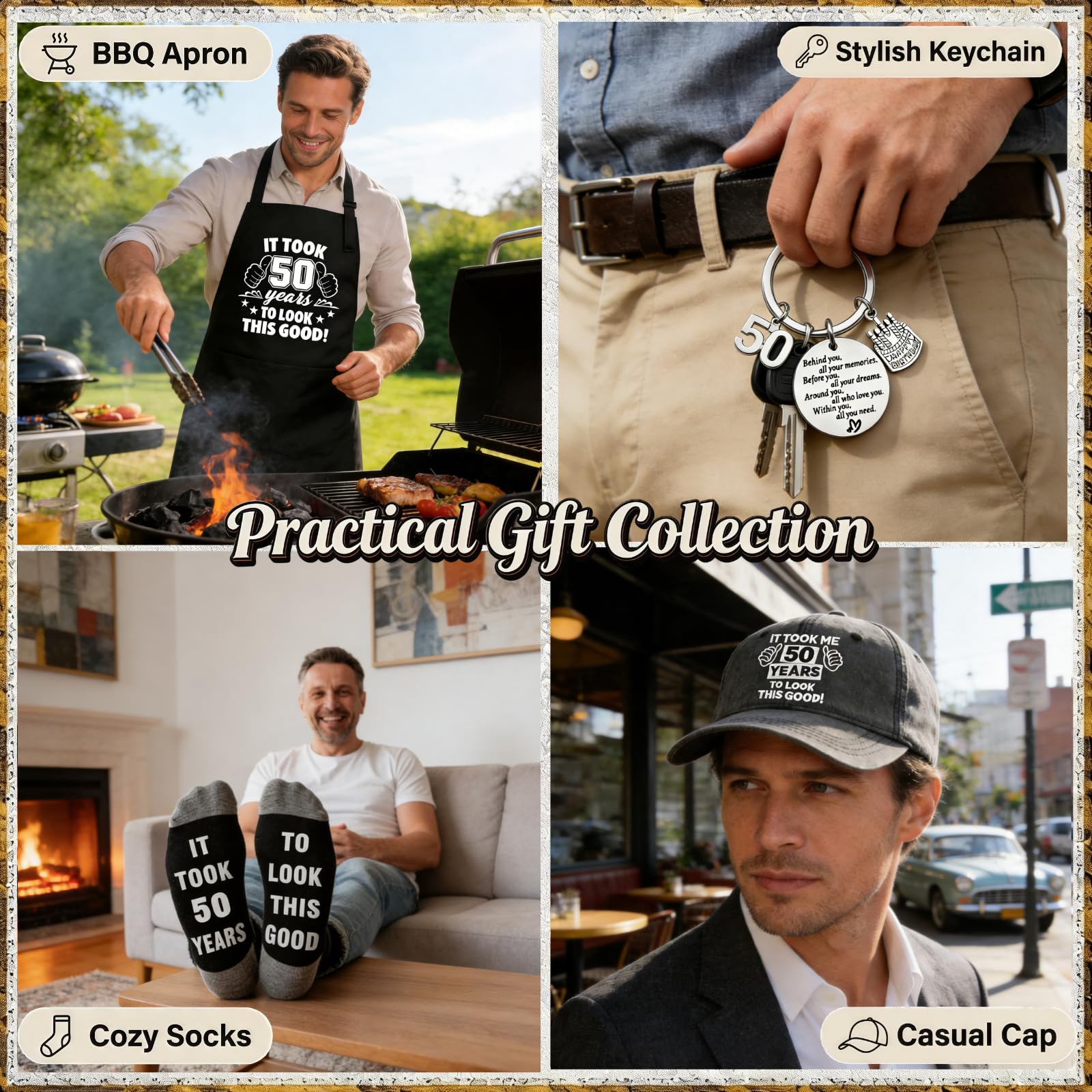 Juego de vasos de whisky de regalo de 50 cumpleaños para hombres, regalos geniales para hombres de 50 años con delantal de cristal de whisky de 11 onzas, gorra de béisbol, llavero, abrebotellas
