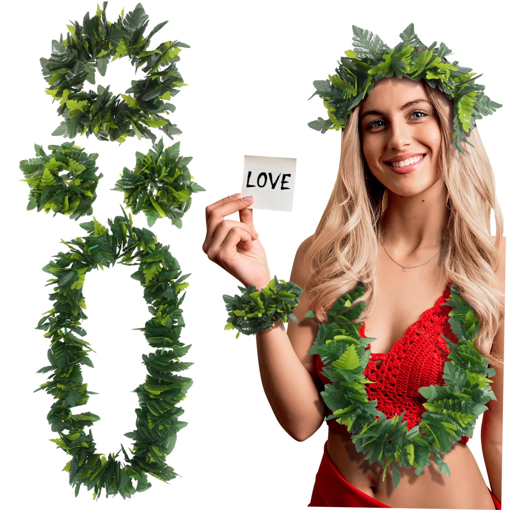 LIFKOME Hawaiian Leaves Headpiece Set Green Party Accessories Leaf Necklace Bracelet Garland for Celebrations