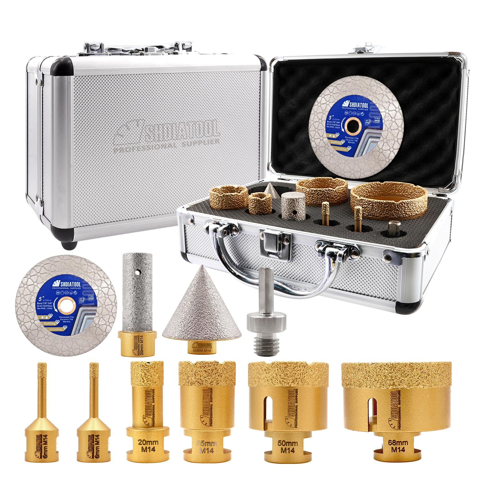 SHDIATOOL Forets Diamantés M14 (6/6/20/35/50/68mm) - Kit Mèches à Chanfrein Diamantées 50mm, Mèches à Doigts 20mm, Adaptateur Queue Triangulaire & Disque de Coupe 125mm pour Carreaux