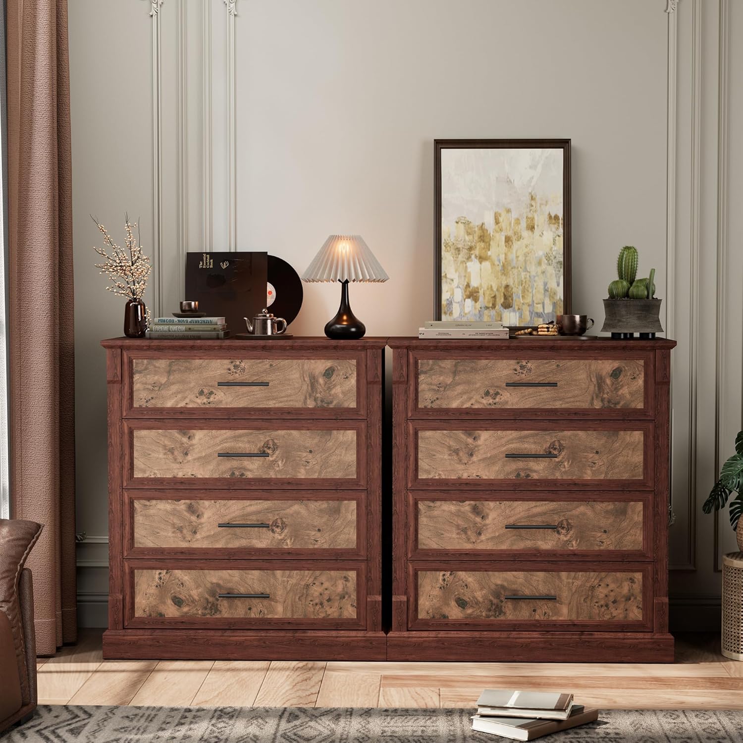 GarveeHome Farmhouse 4 Drawer Dresser for Bedroom, Tall Chest of Drawers with Metal Handles, Rustic Wooden Dresser TV Stand, for Living Room, Hallway, Brown