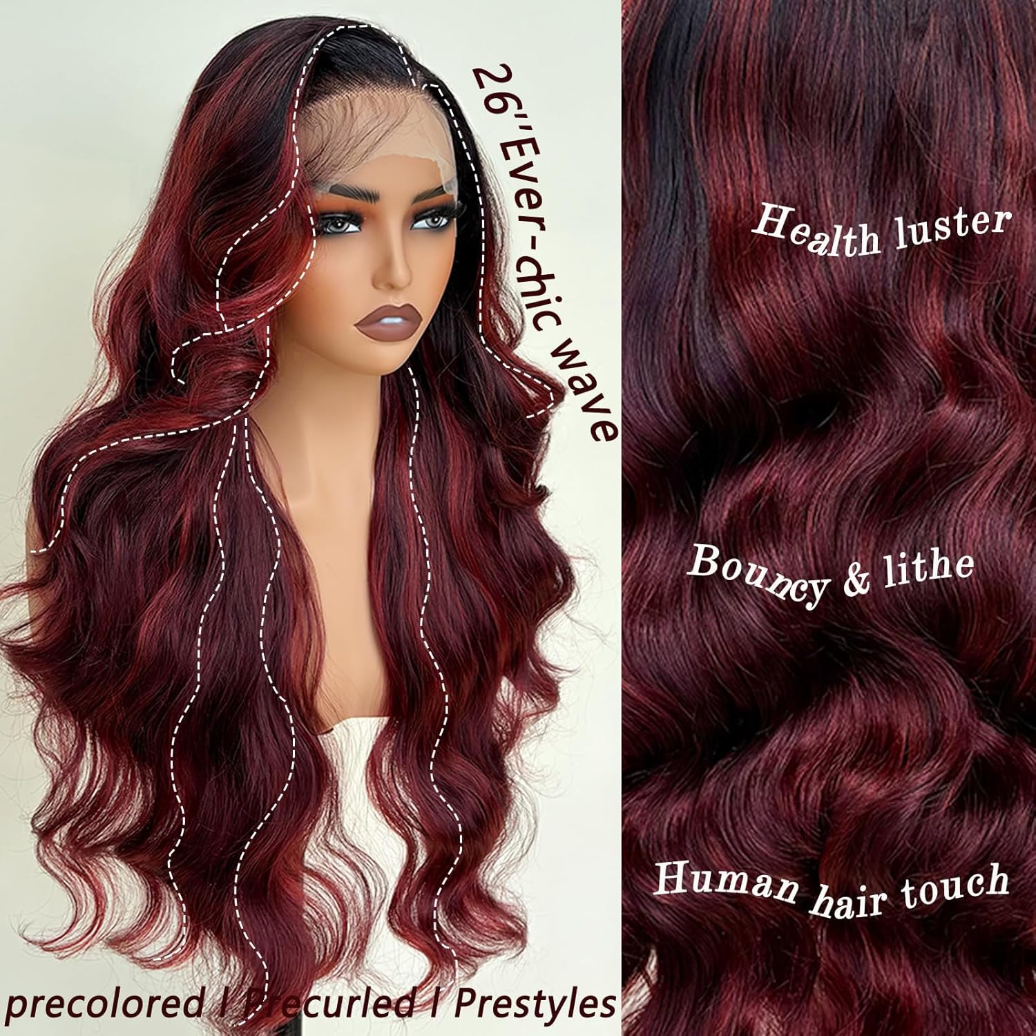 Burgundy Ombre 26 Inch HD Lace Front Wigs for White Women Black Women - Pre Plucked Body Wave Synthetic Wig with Tiny Knots 13×6 Pre Layered Natural Hairline Glueless Wigs Wear and Go