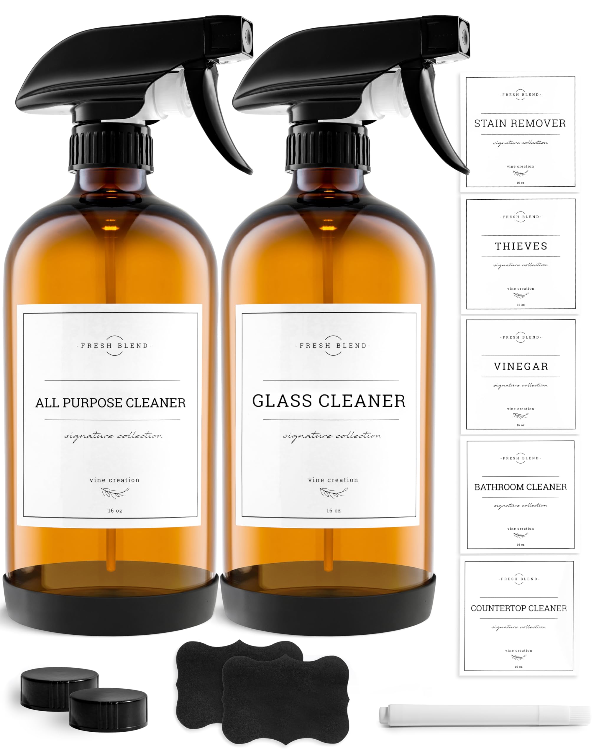 Vine Creations Amber Glass Spray Bottles, 2 Pack Glass Refillable Bottles for Cleaning solutions, 16 oz Spray Bottle for Cleaning, Mister Spray Bottle, Amber Spray Bottles with Waterproof Labels