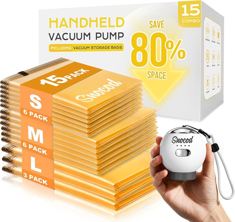 Travel Vacuum Bags with Pump, 15 Pack Vacuum Storage Bags for Clothing, Brushless Motor Type-C Rechargeable Pump, Compression Packing Bags for Travel, Suitcase, Closet and Home Storage, White