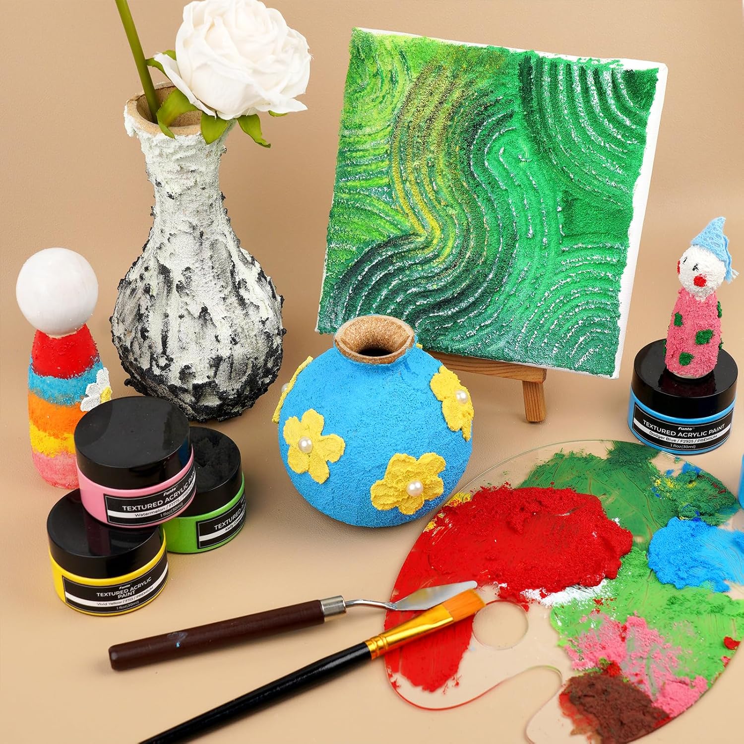 Funto Textured Acrylic Paint Set, 12 Colors, Complete Painting Kit with Tools and Canvases, Professionals Art Craft Painting Supplies Kit, Non-Toxic