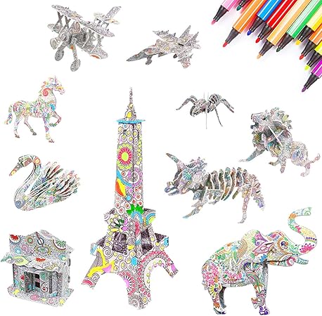 Amazon Haploon 3dぬりえパズルセット 10パック 教育アート クラフトキット ペンマーカー40本付き 36本のペンマーカー付き クリエイティブ Diy カラーペインティング パズル 誕生日ギフト 女の子と男の子向け パズル B パズル おもちゃ