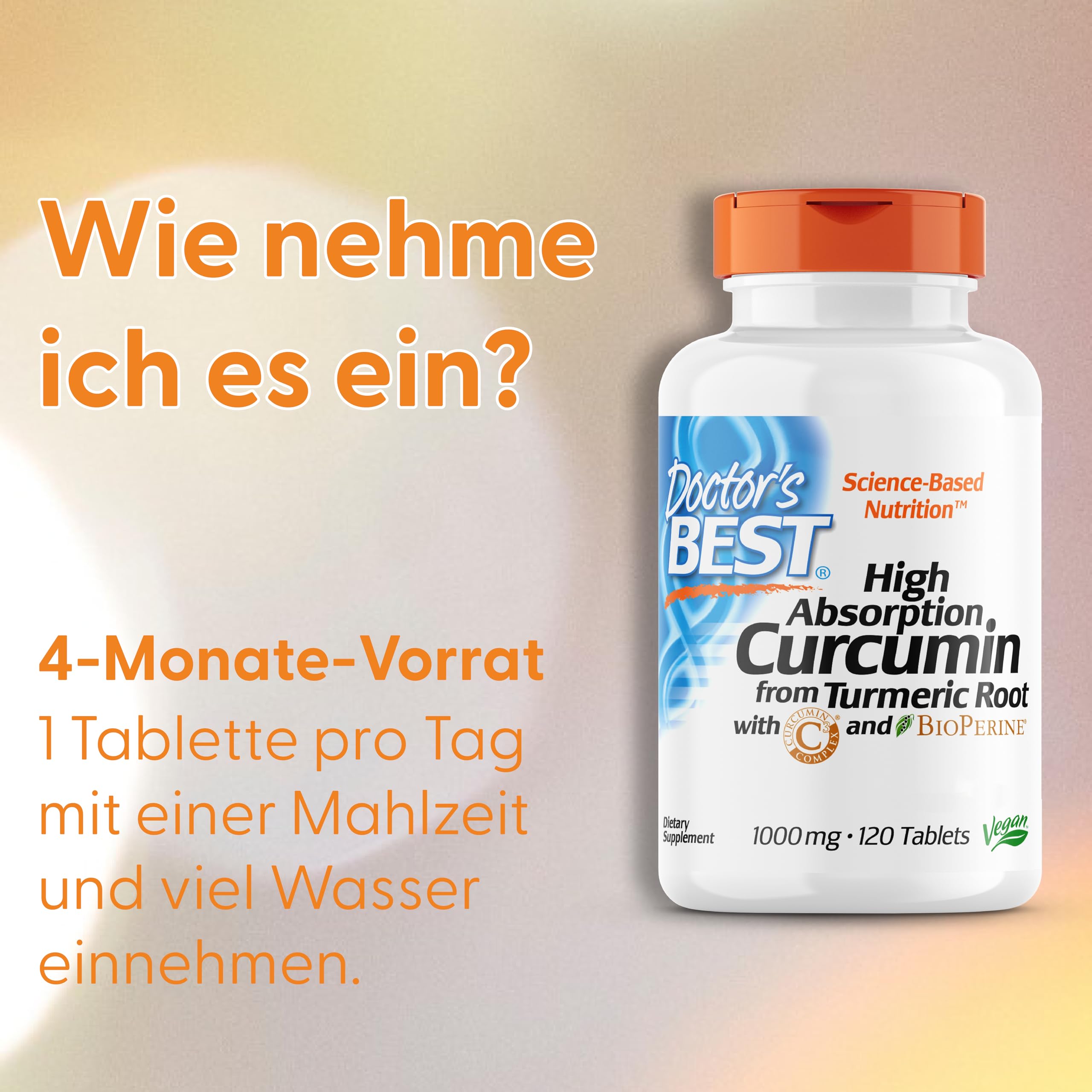 Doctor's Best, High Absorption Curcumin, 1.000mg, 120 vegane Tabletten, Laborgeprüft, Kurkuma, Glutenfrei, Sojafrei, Vegetarisch