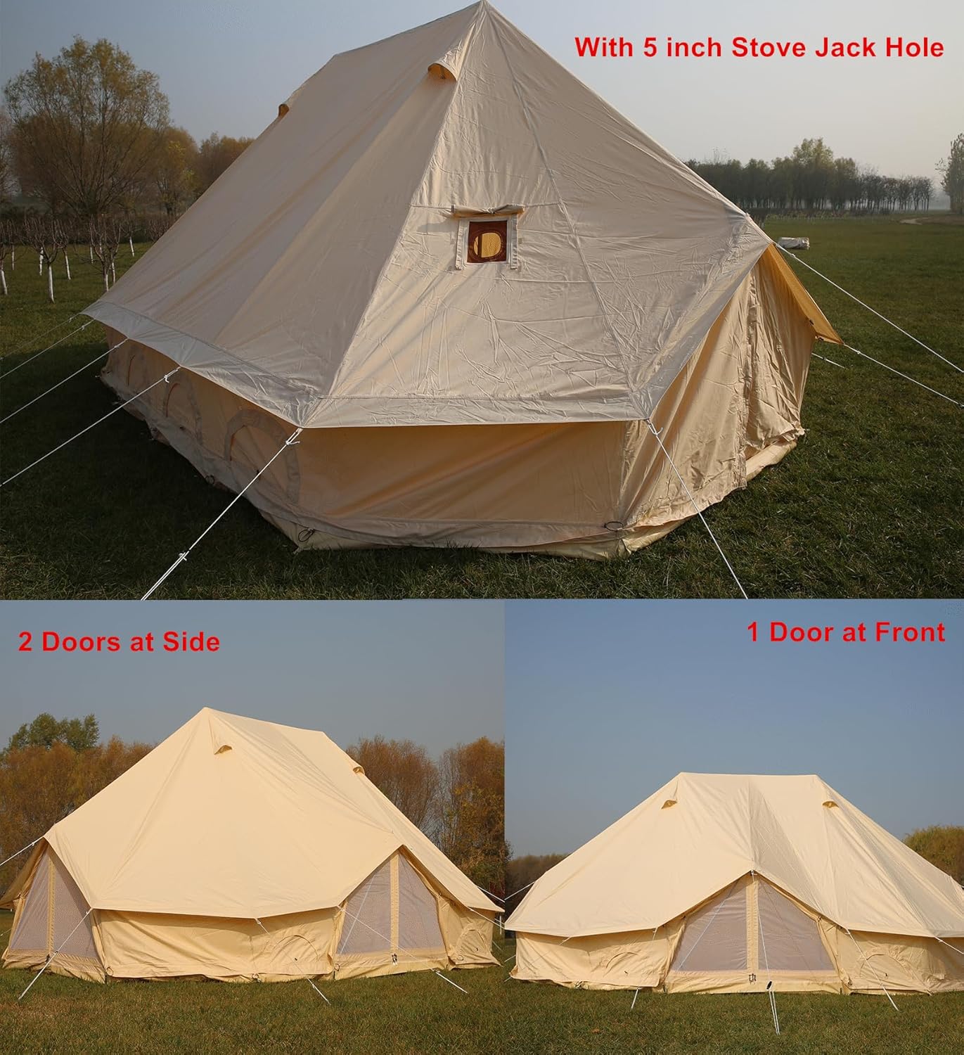 UNISTRENGH Luxury Cotton Canvas 6x4m Emperor Tent Waterproof Twin Poles Bell Tent with Stove Jack Hole for 8-12 People Family Camping Hiking Party