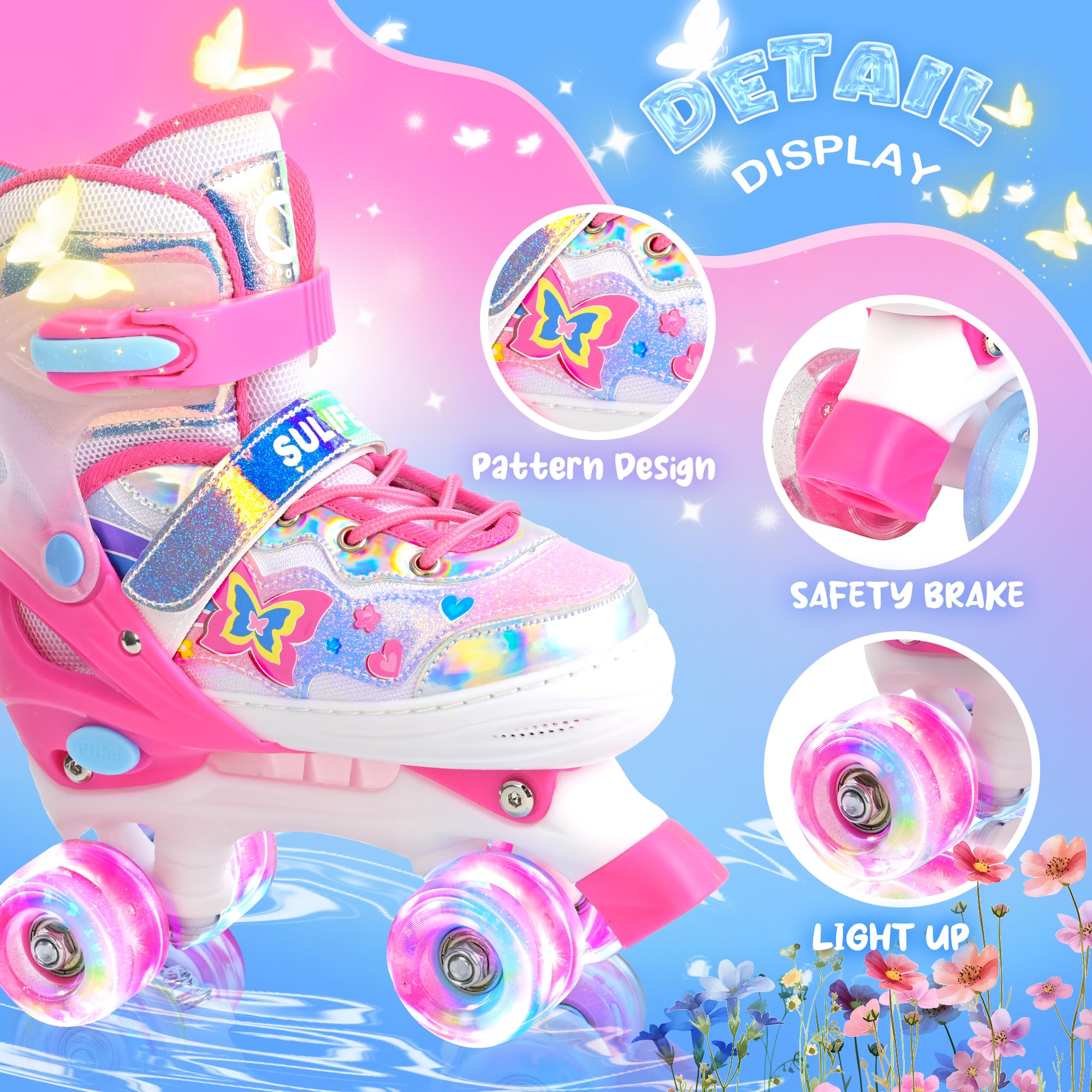 SULIFEEL Rollschuhe für Mädchen und Kinder mit leuchtenden Rollen, verstellbar in 4 Größen für Kleinkinder und Anfänger Rollschuhe