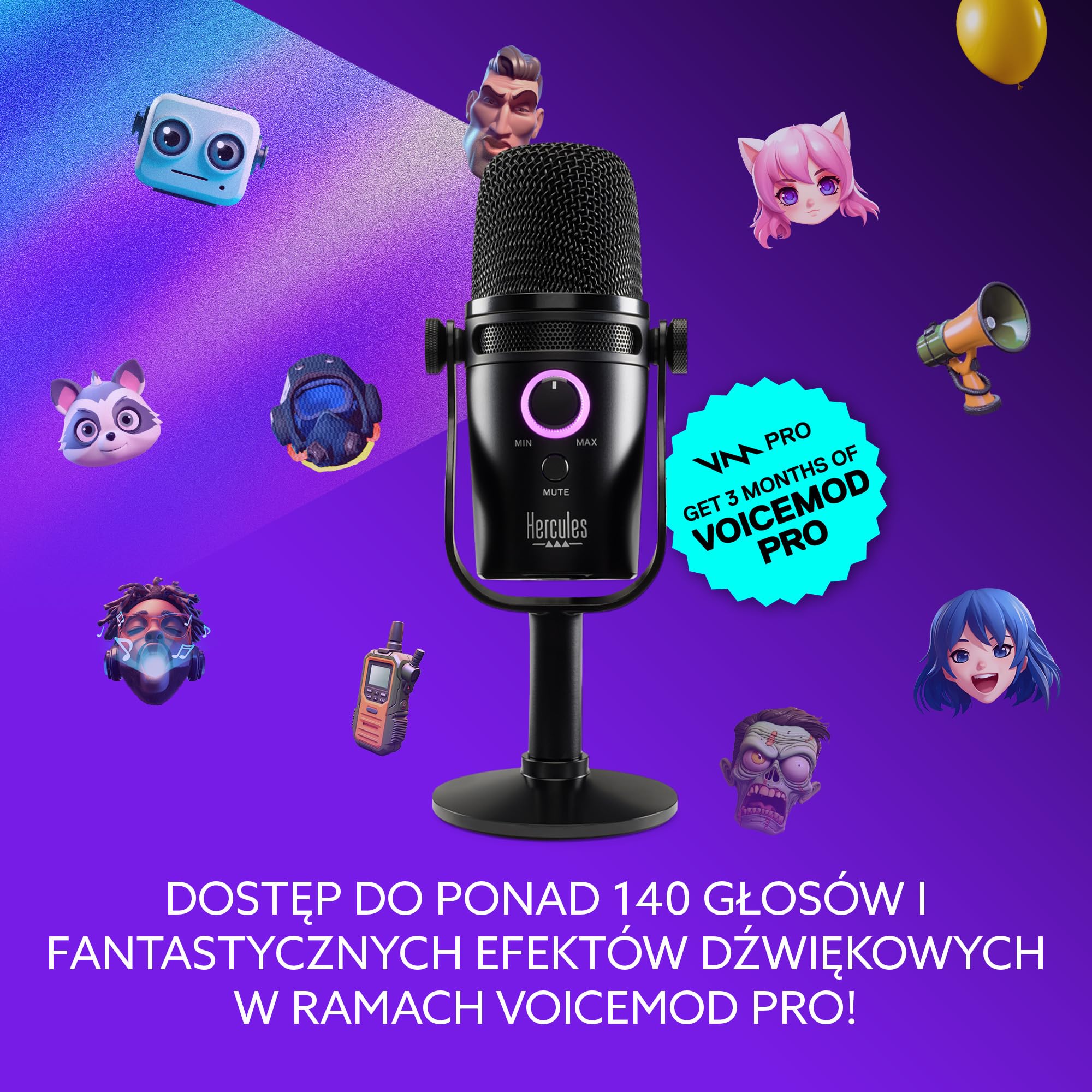 Hercules Stream Starter Kit - Kontroler Stream 100 + Mikrofon HUD-600 | Kontroler LCD Stream 100, mikrofon USB/XLR HUD-600, 4 enkodery, 4 przyciski, 3 miesiące Voicemod Pro w zestawie