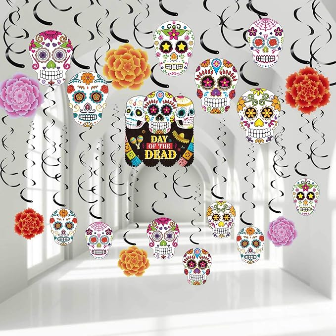 30 pcs Day of The Dead Foil Swirls Decorations Halloween Sugar Skull Flowers Ceiling Hanging Swirls Dia de Los Muertos Party Favors Supplies for Halloween Birthday Skull Mexican Party (Classic Style)