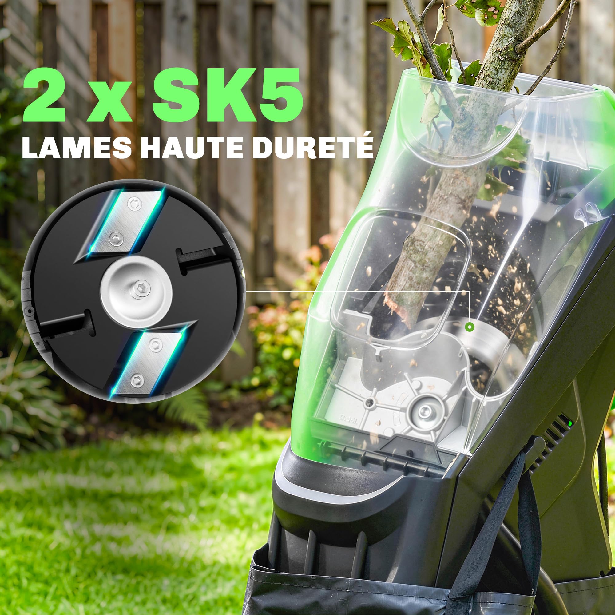 Outsunny Broyeur de Végétaux Électrique 2500 W, Sac de Collecte 45L, 4300 tr/min, 2 Lames en Acier, Poussoir, Roues, Broyeur de Branches pour Coupe de Branches 44mm, Vert