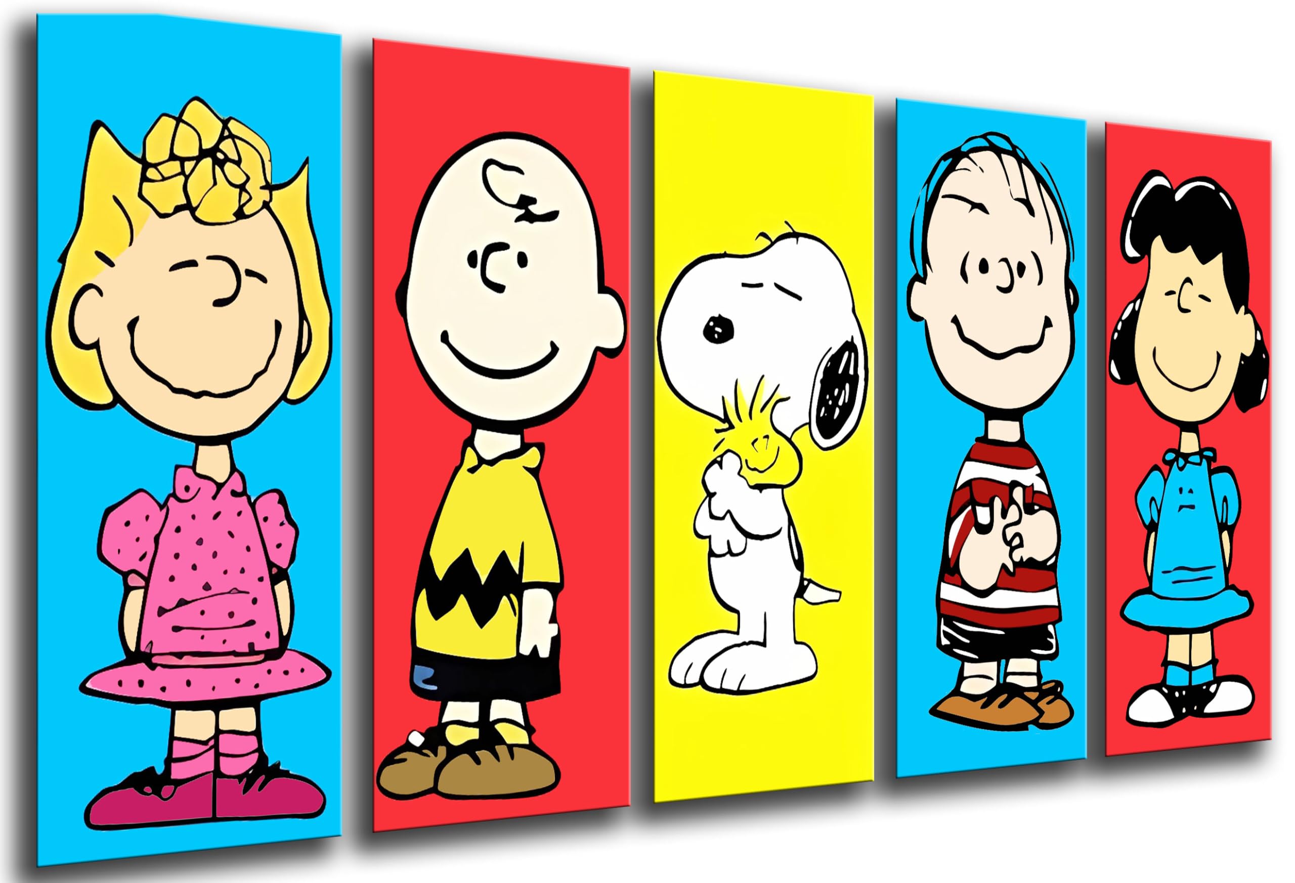 Set 5 cuadros decorativos para pared, Decoración Salón Modernos, Dormitorios, Habitación, impresión sobre madera con colgadores, Dibujos Animados, Snoopy, (165 x 62 cm)