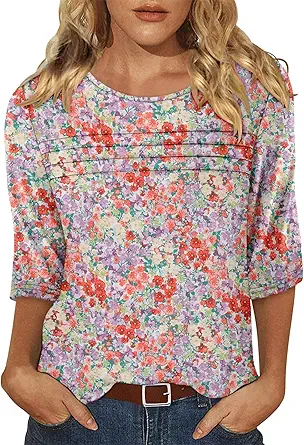 KISSMODA Women's Casual 3/4 Sleeve T-Shirts Round Neck Cute Tunic Tops Basic/Pleated Summer Tops Trendy Spring Blouses