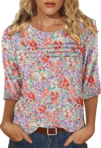 KISSMODA Women's Casual 3/4 Sleeve T-Shirts Round Neck Cute Tunic Tops Basic/Pleated Summer Tops Trendy Spring Blouses