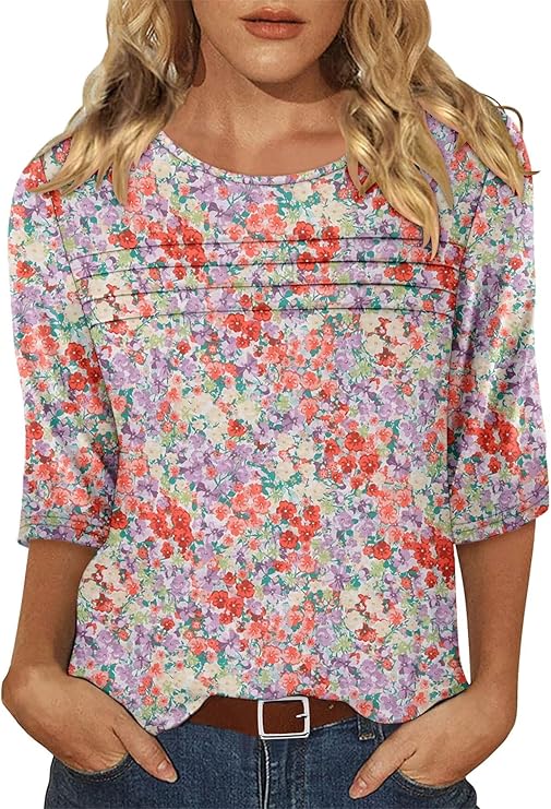 KISSMODA Women's Casual 3/4 Sleeve T-Shirts Round Neck Cute Tunic Tops Basic/Pleated Summer Tops Trendy Spring Blouses