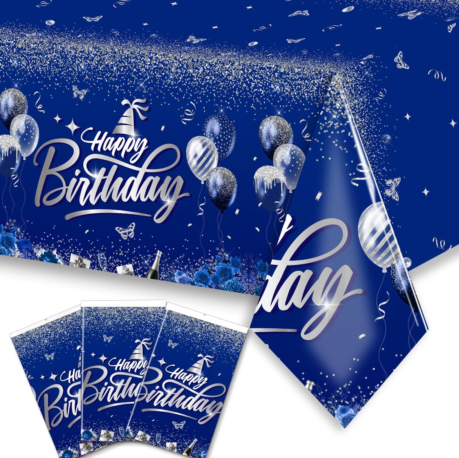 CMUSKO Happy Birthday Decorations-3pcs Navy Blue Birthday Tablecloth,Rectangle Plastic Disposable Birthday Table Covers Party Decoration for Men Women 90th 80th 70th 60th 50th 40th 30th Birthday
