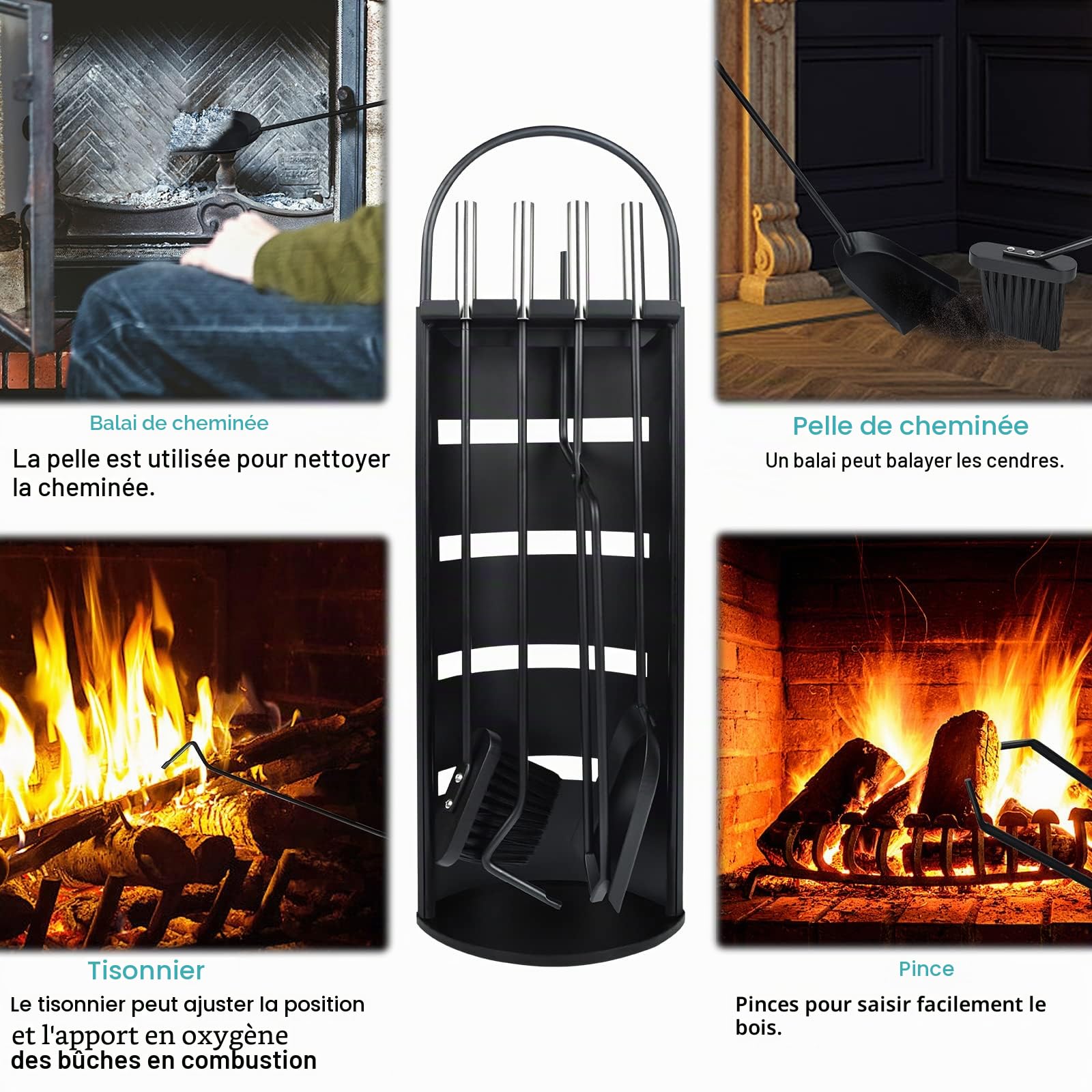 YUENFONG Ensembles d’Outils de Cheminée 5 pièces accessoire avec Seau, tisonnier, Pelle à Cendre, Balai & Pince, Moderne (Type A, noir)