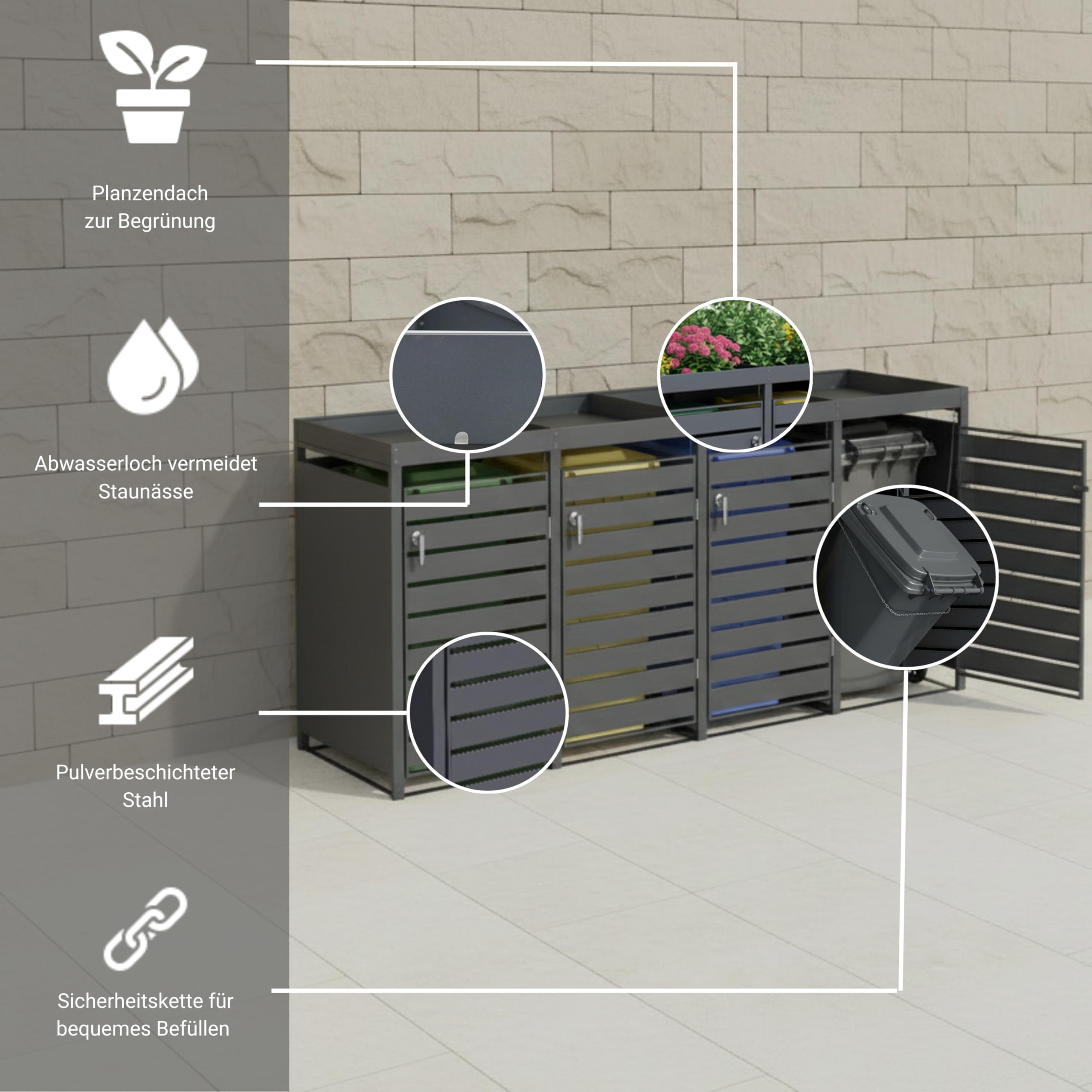 novaterra® Mülltonnenbox Metall Anthrazit für 4×240L - Mülltonnenunterstand mit Pflanzdach, integrierter Auffangkette zur Kippbegrenzung, pulverbeschichtet, wetterfest - B 260 × T 80× H 124 cm