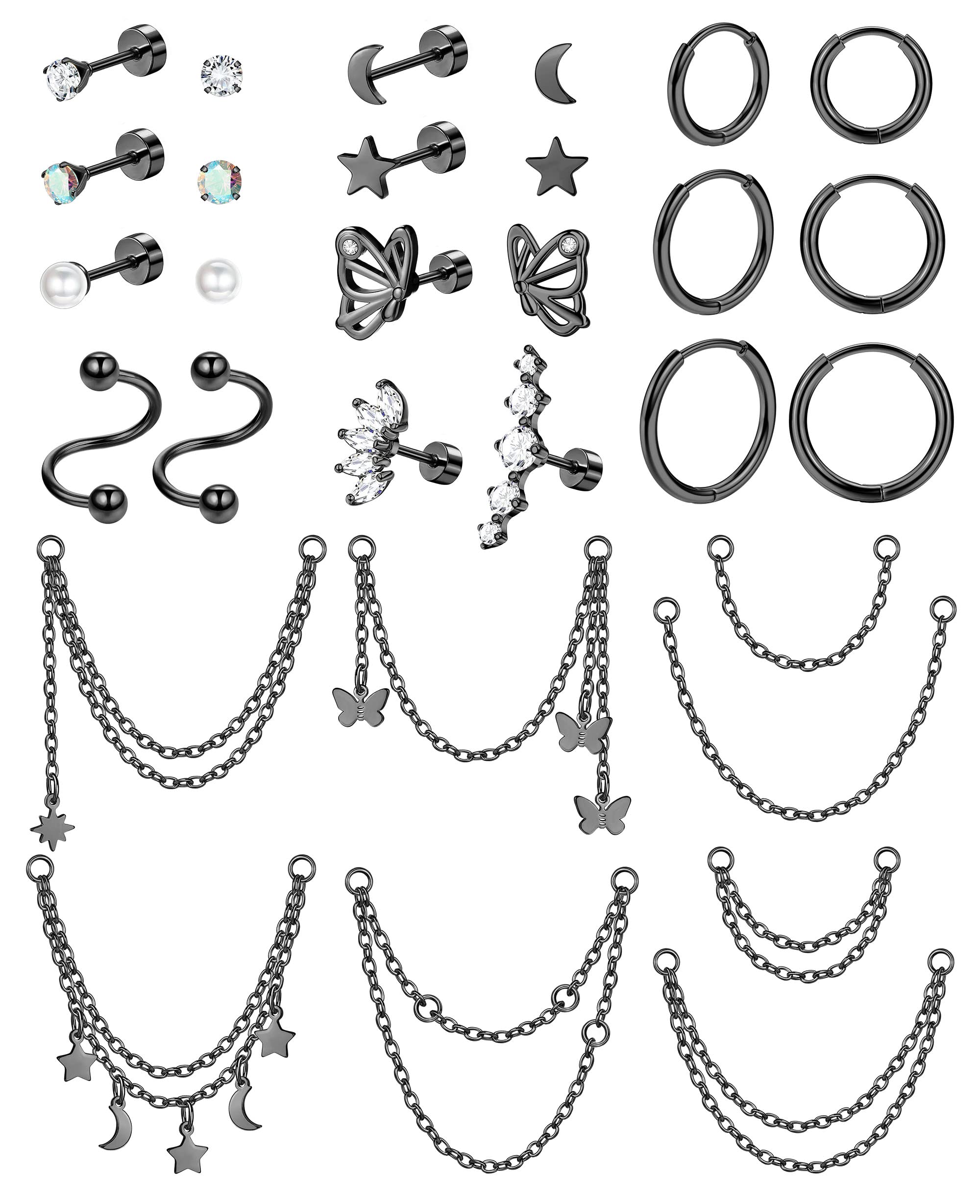 ZELORES20G Cartilage Earrings Set For Women Men Stainless Steel Small Huggie Hoop Earring Flatback Star Moon Butterfly CZ Cartilage Stud Earrings Chain Dangle Cartilage Helix Tragus Piercing Jewelry
