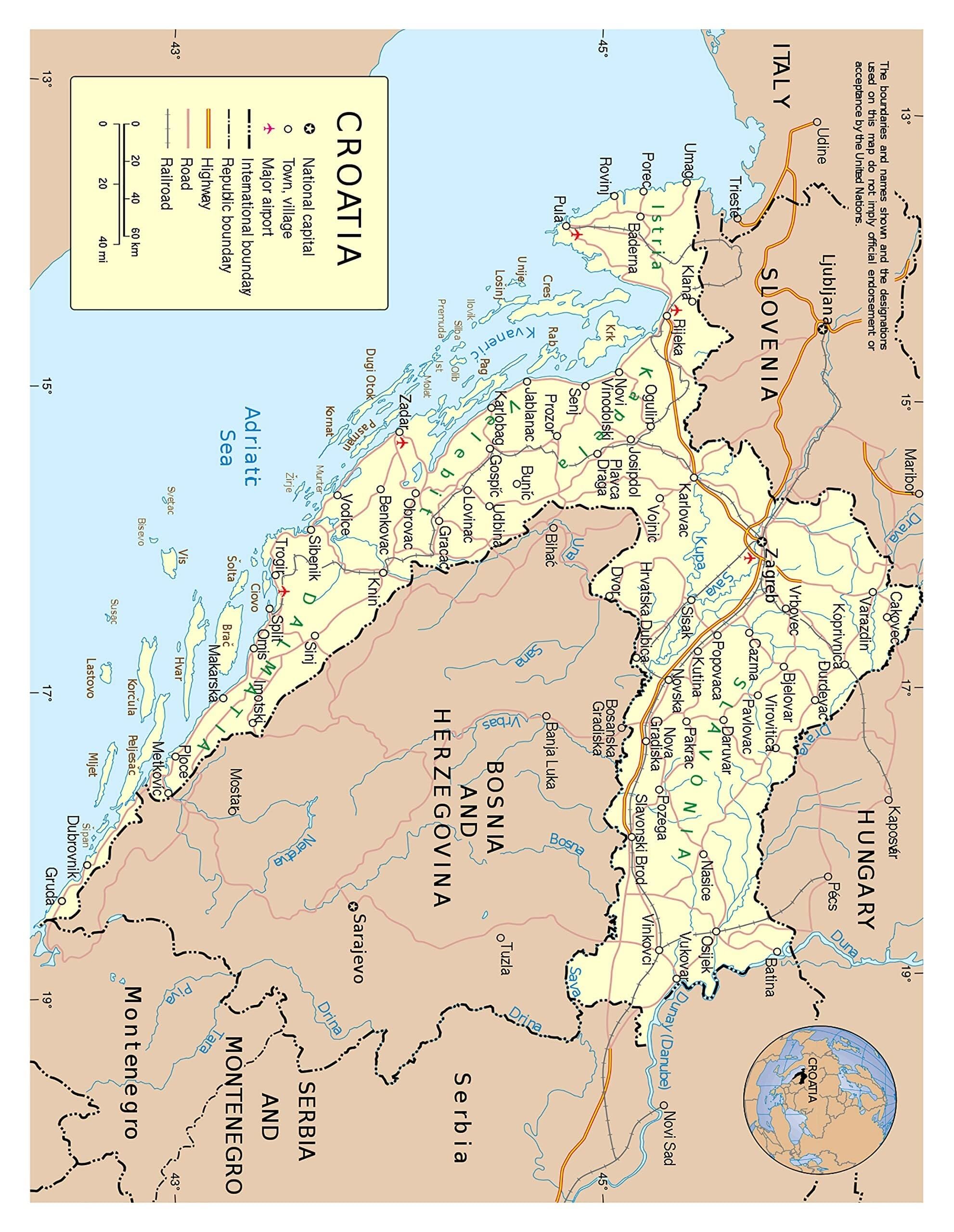 SSOPTMCB Political and Administrative Map of Croatia Large Scale with Highways Cities and Airports for Travel Study(Unframed,12x18inch(30x45cm))