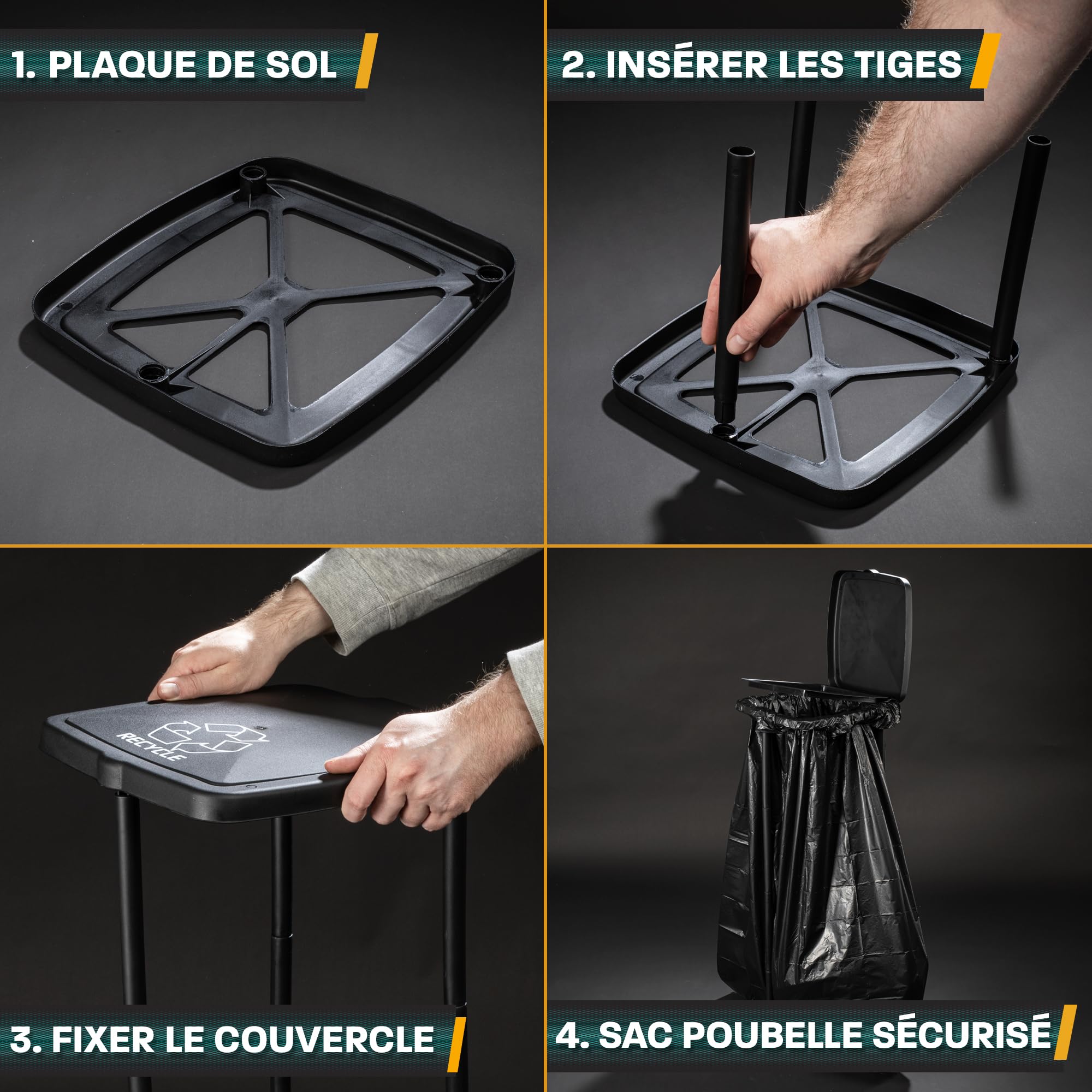 Lot de 2 supports pour sacs poubelle de 120 l, extra stables et robustes, gris argenté, plastique de qualité supérieure, idéal pour l'intérieur et