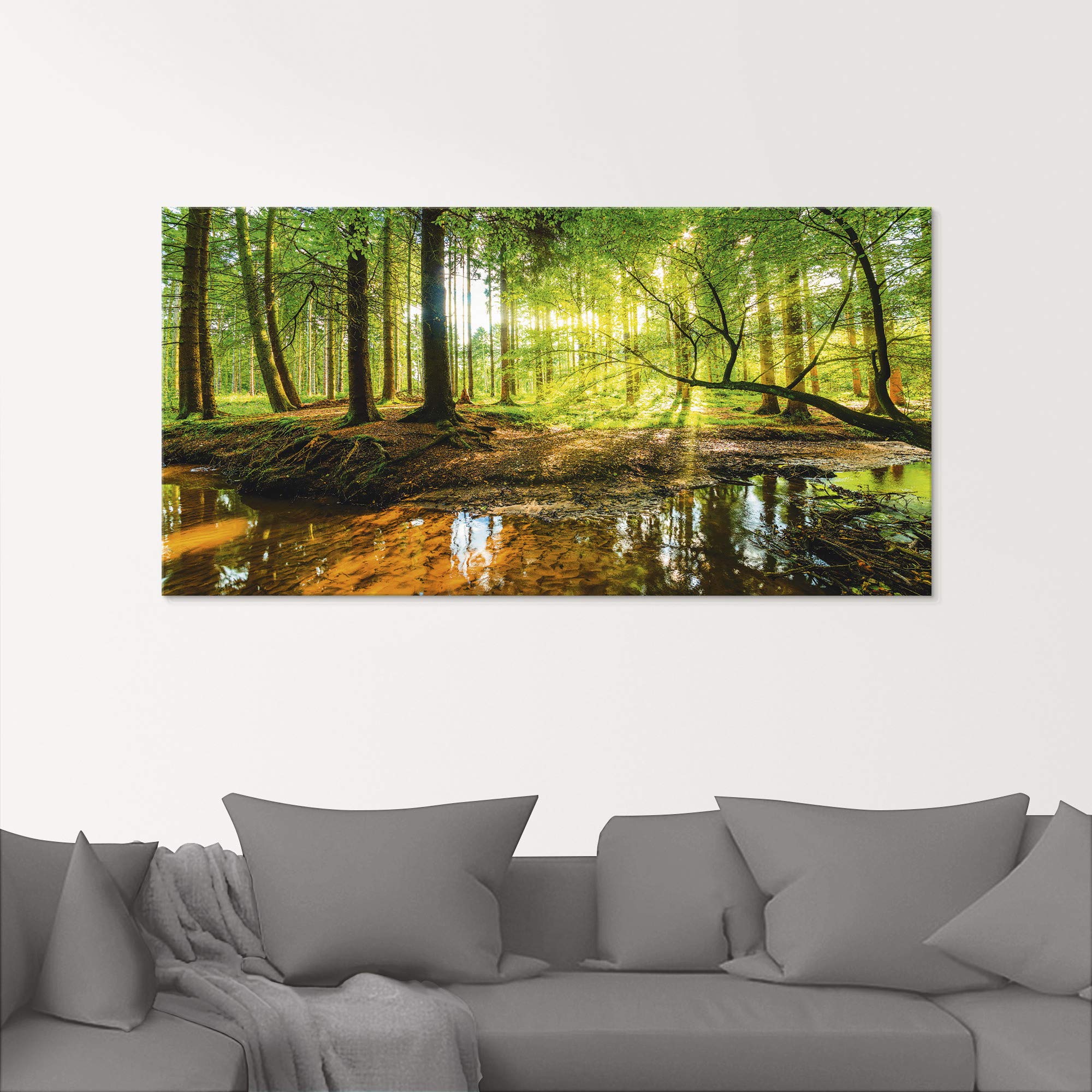 ARTland Wanddeko Glasbilder Wandbild Glas Bild einteilig 125x50 cm Querformat Wald Natur Landschaft Bäume Bach Sonne Frühling T9IO
