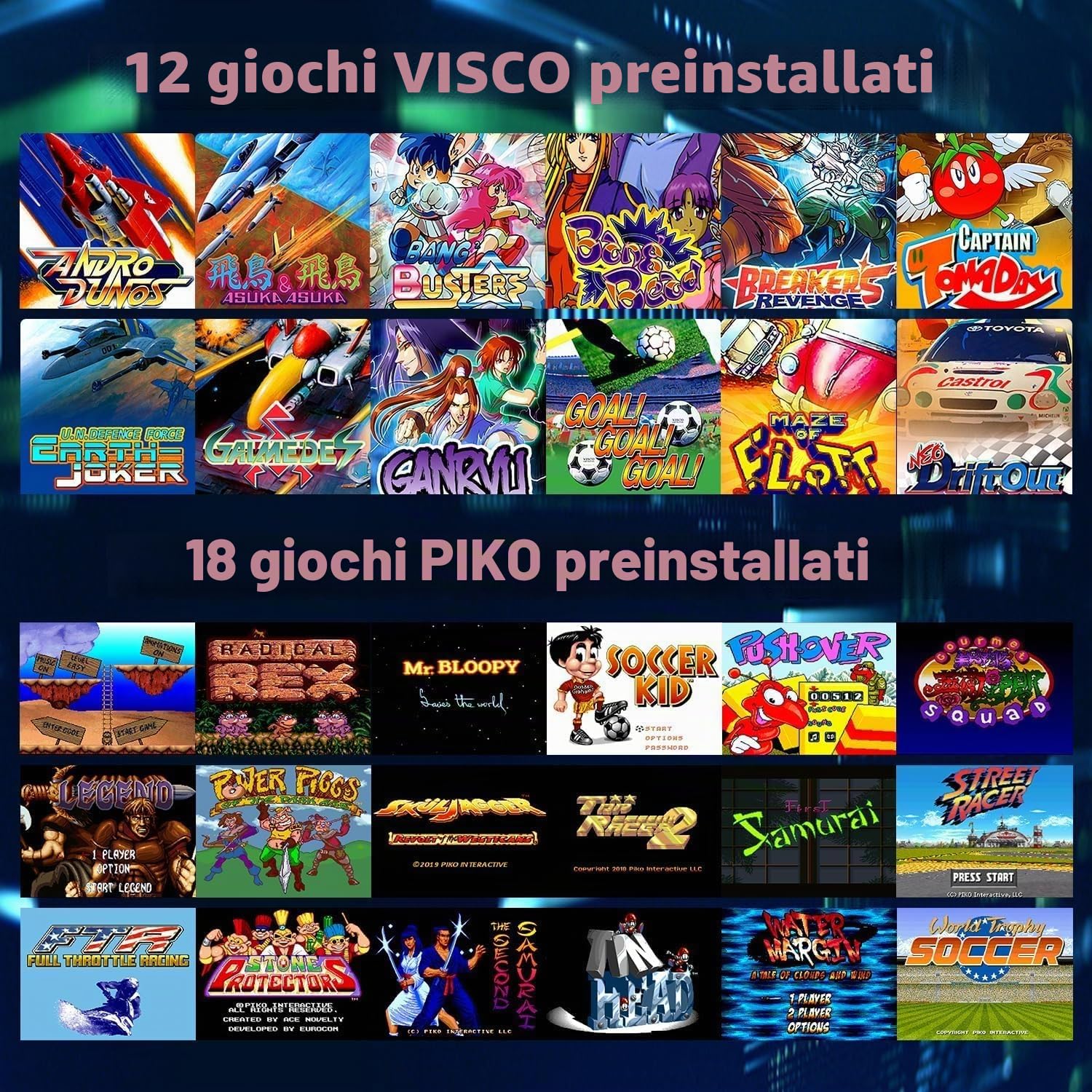 GO15 Console per Videogiochi Retrò , 12 VISCO e 18 PIKO originali con licenza integrati, supporta i combattimenti online in tempo reale dei giocatori