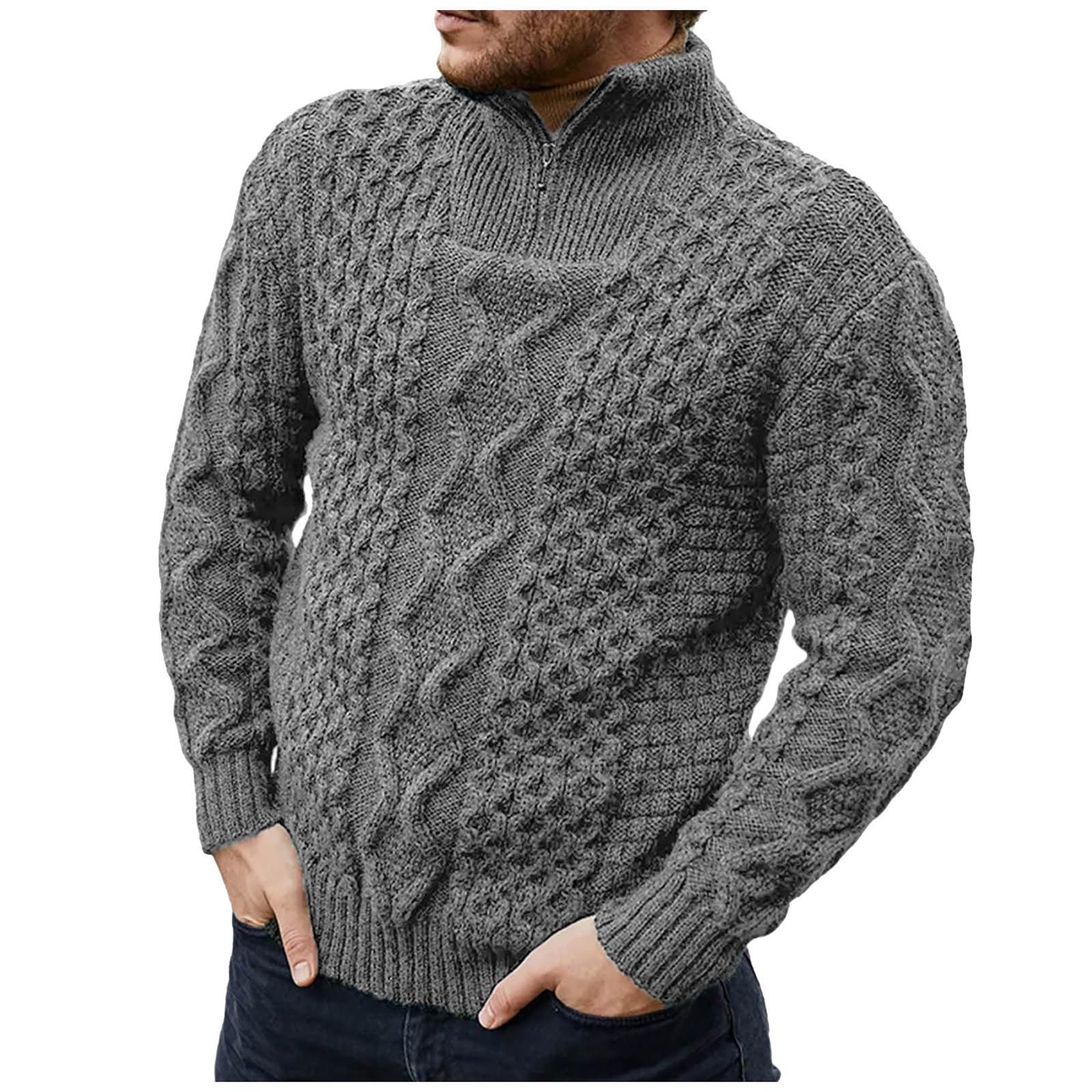 Generisch Camiseta de cuello alto jacquard para hombre, corte ajustado, cuello alto, elástico, cuello de tortuga, camiseta de manga larga, monocolor, cuello alto, camiseta de invierno ligera