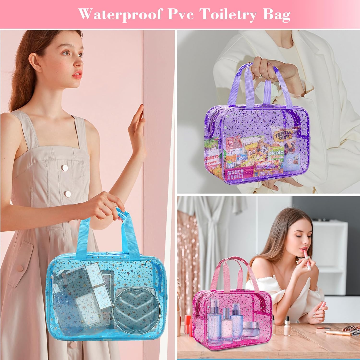 Clear Red Star Large Makeup Bag with Star Pattern 12x5x8 inch, Travel Cosmetic Bag with Handle, Durable PVC Material Washbag Zipper Opening Design for Makeup Travel Organizer or Gym Use - Image 5