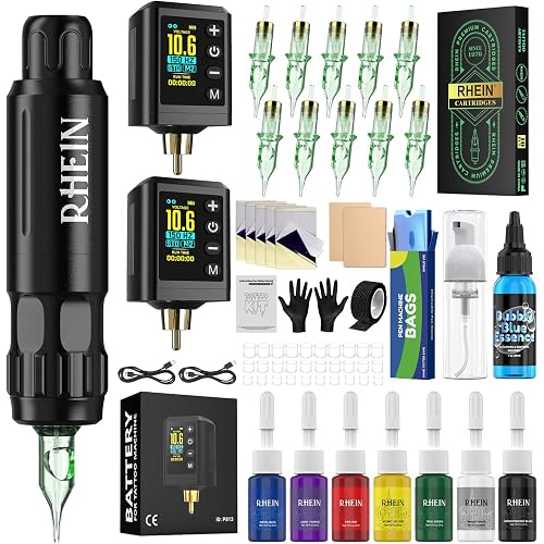 RHEIN Rotary Tattoo Gun Pen Kit - Complete Starter Set with 2 Wireless Power Supplies, 10 Needles, Full Supplies for Beginners & Artists RN-TKP603B-1