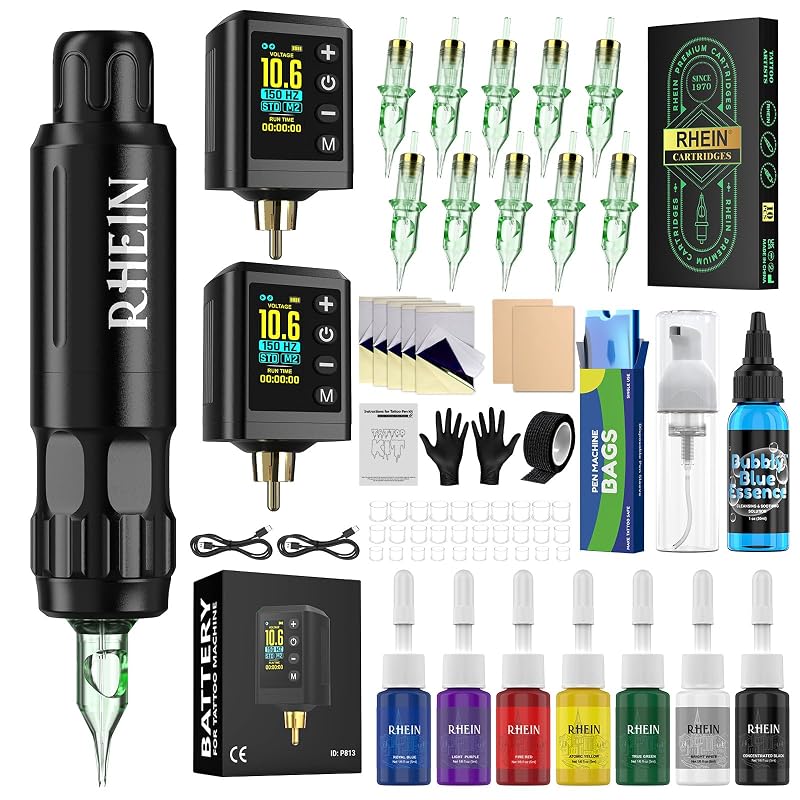 Kit de caneta rotativa para tatuagem RHEIN RN-TKP603B-1 com 2 fontes de alimentação sem fio e 10 agulhas