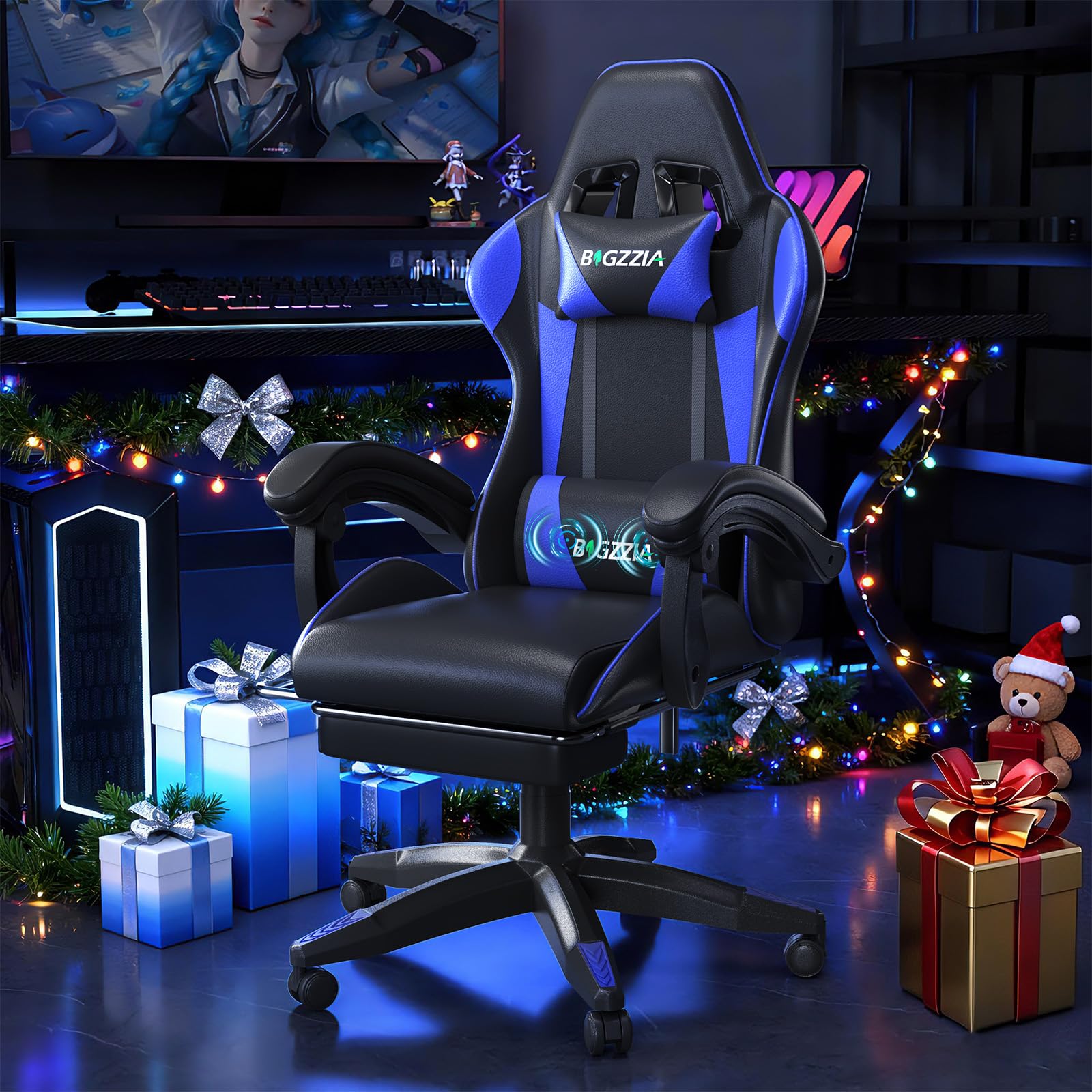 bigzzia Sedia Gaming, Sedie Ergonomica con Poggiapiedi per Videogiochi, Sedia da Gaming con Cuscino Lombare Massaggiante e Poggiatesta per Giocare, Studiare e Lavorare in Ufficio (Blu)