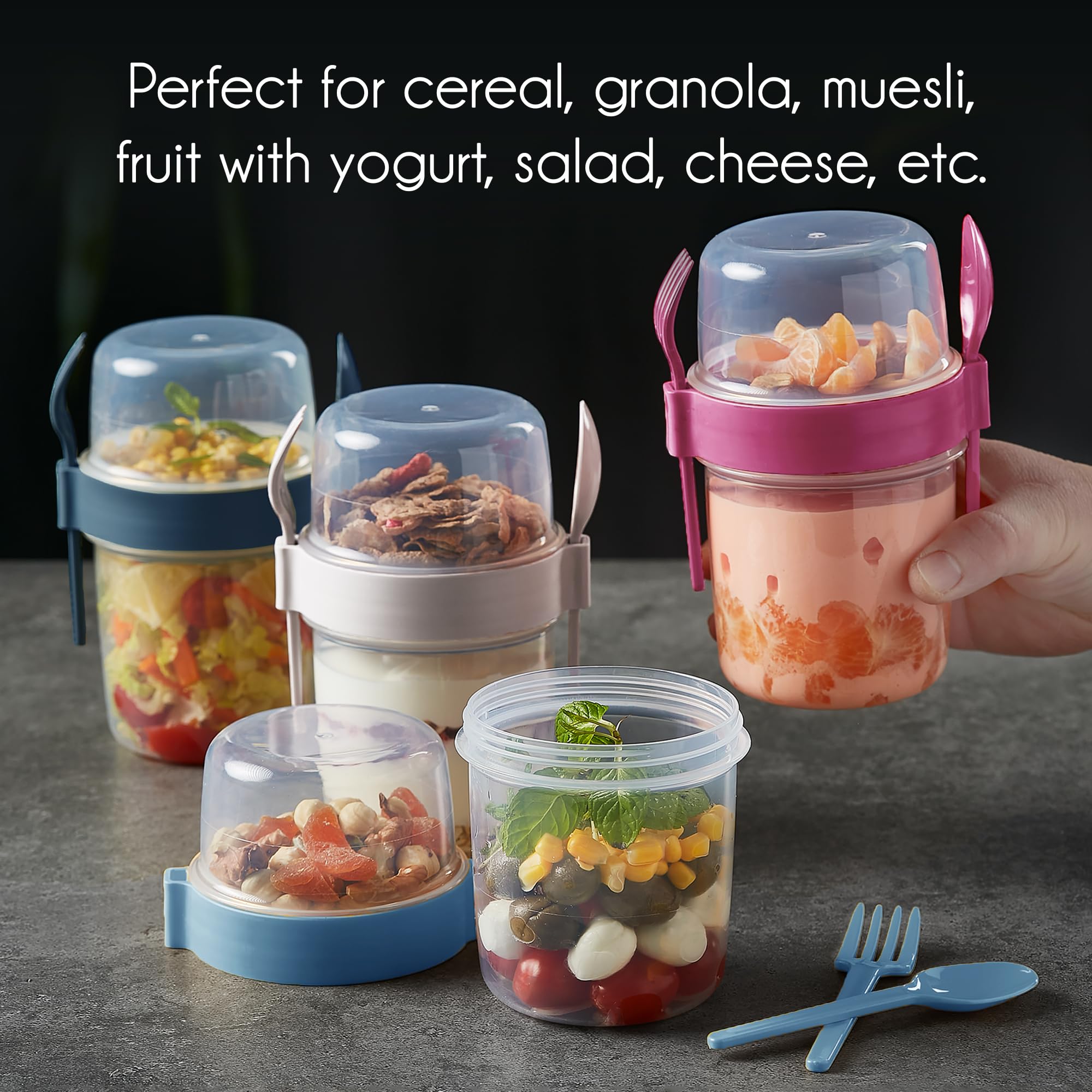 CRYSTALIA Take and Go - Set di 4 vasetti per yogurt senza BPA, con cucchiaio e forchetta, avena notturna, lavabili in lavastoviglie, per muesli da asporto, per macedonia di frutta, con coperchio