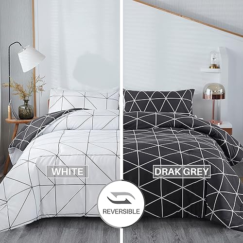 Atarashi Juego de edredón reversible Queen de 3 piezas para todas las estaciones, edredón geométrico blanco y negro con 2 fundas de almohada (tamaño