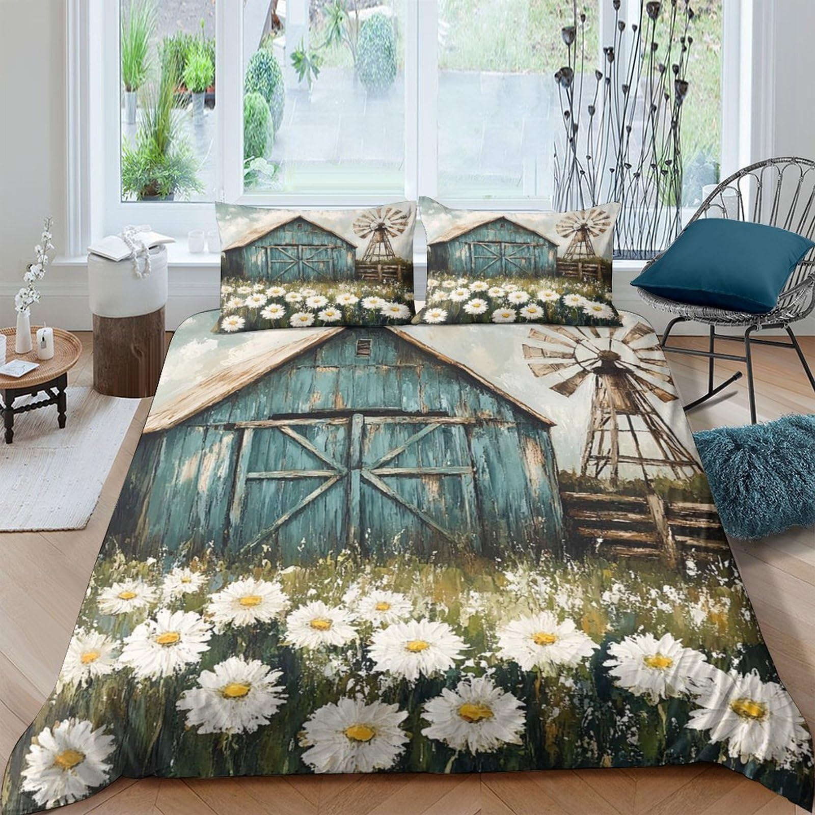 Ctjqhvkz Style-1 3D Printed Barn Daisy Fitted Sheet Microfiber Non Slip Bed Cover Rural Windmill Decor For Bedroom Guest Room Single（135X200cm）