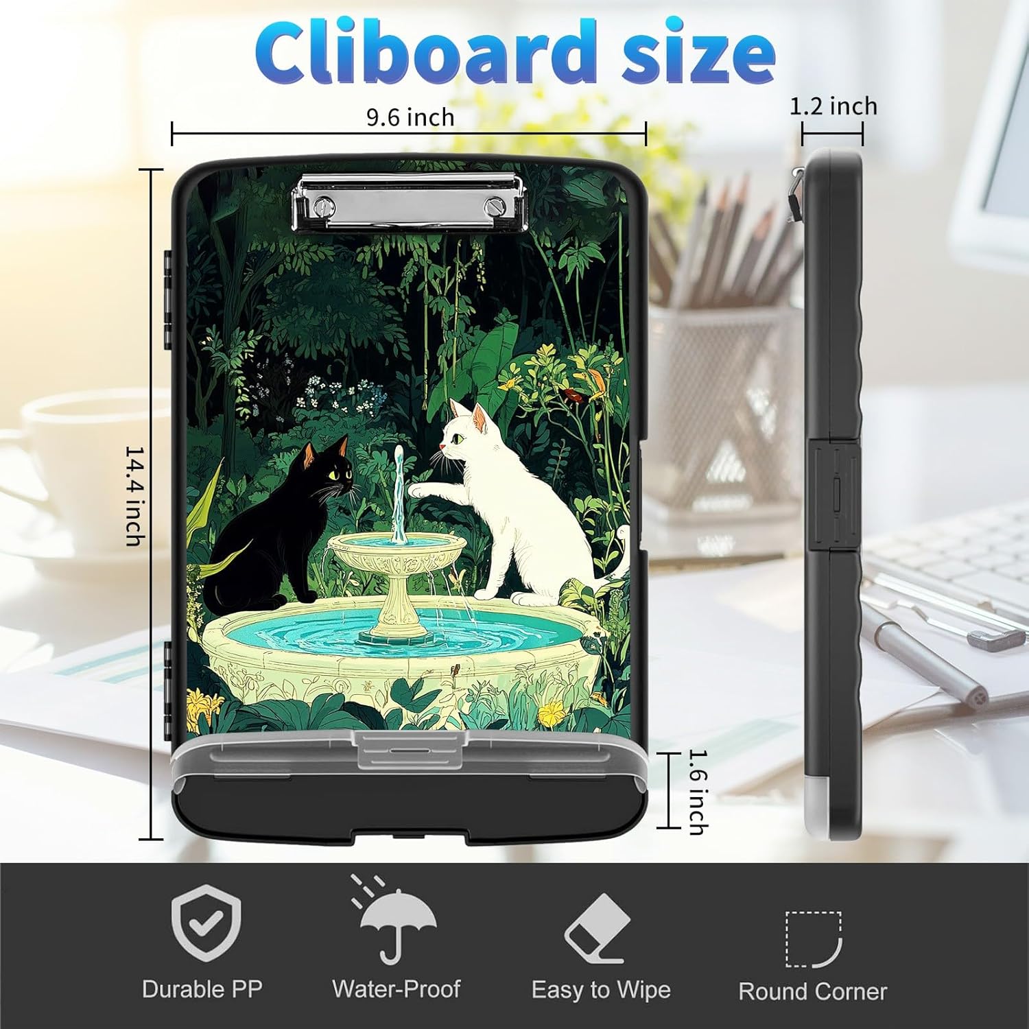 Clipboard with Storage,Clip Boards 8.5x11 with Storage High Capacity Nursing Clipboard with Pen Holder & Low Profile Clip,A4 Legal Paper Folder for Nurses,Teachers,Cute Black White Cat