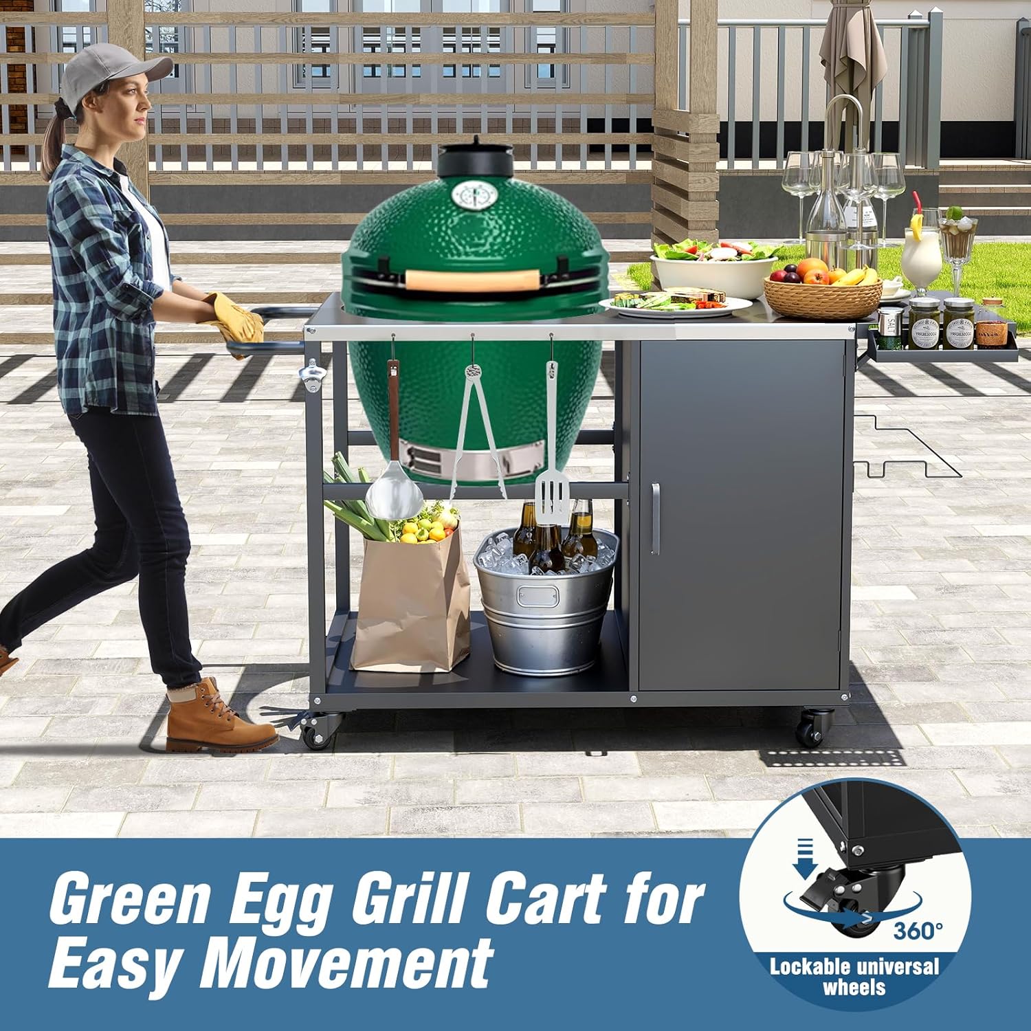 Big Green Egg Outdoor Grill Table, Portable Heavy Duty Grill Cart with Wheels, Plenty of Storage, Fits Large, Medium, and Small Big Green Egg and Kamado Joe Classic Grills